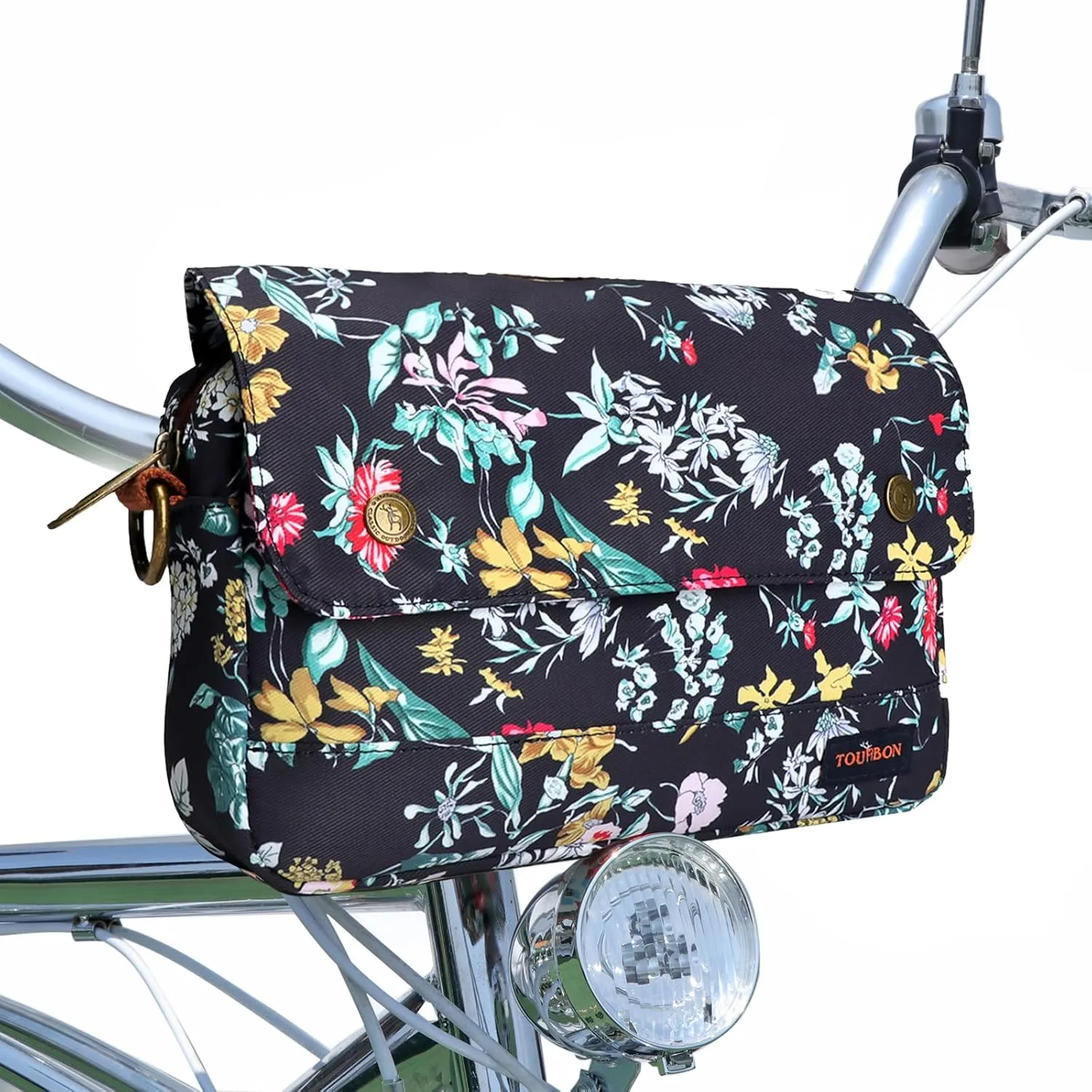 TOURBON Bike Bag Waxed Canvas Bicycle Handlebar Bag Zipper Closure Pouch Crossbar Front Frame Basket Cycling Saddebag Under Seat Strap-on Rear Rack Pannier (Black with Flower (type 2))