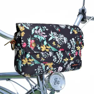 TOURBON Bike Bag Waxed Canvas Bicycle Handlebar Bag Zipper Closure Pouch Crossbar Front Frame Basket Cycling Saddebag Under Seat Strap-on Rear Rack Pannier (Black with Flower (type 2))