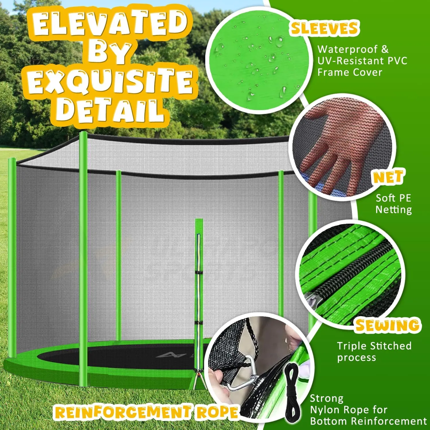 Trampoline Net Replacement 10 FT Trampoline Netting Replacement for 10FT Round Frame Trampolines Enclosure Net 6 Poles 8 Straight Poles Sleeve Trampolines Double-Headed Zipper Protection Buckles