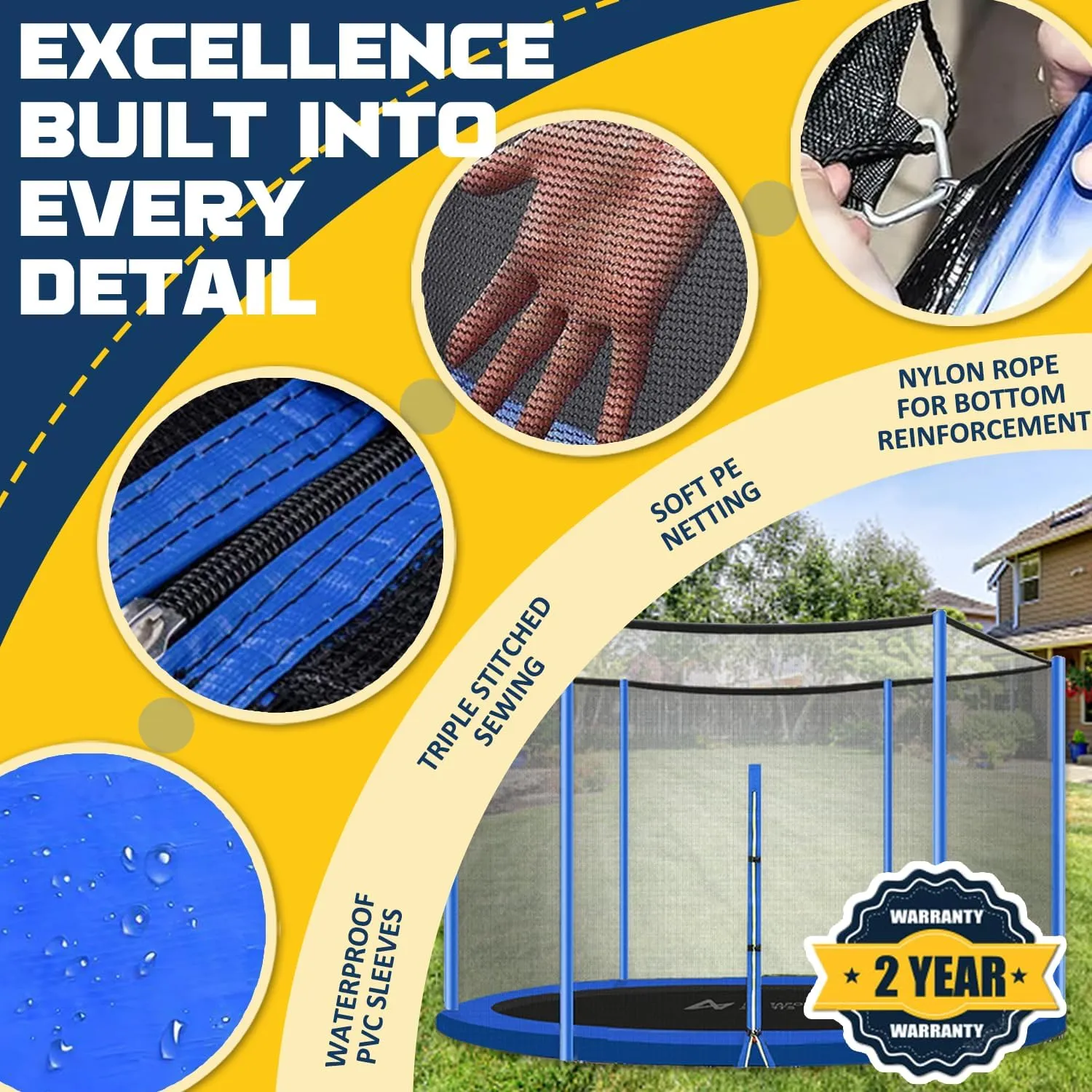 Trampoline Net Replacement 10 FT Trampoline Netting Replacement for 10FT Round Frame Trampolines Enclosure Net 6 Poles 8 Straight Poles Sleeve Trampolines Double-Headed Zipper Protection Buckles