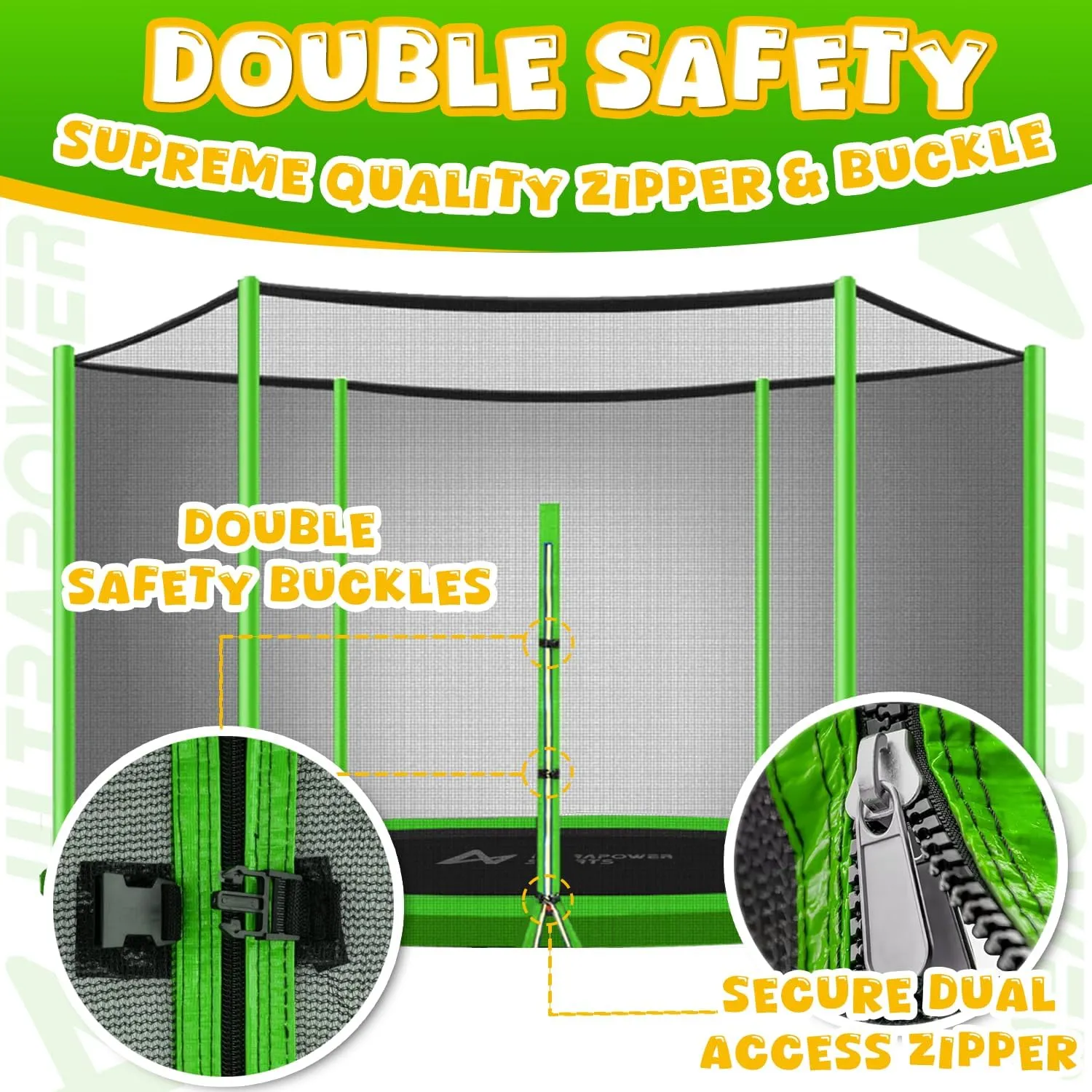 Trampoline Net Replacement 10 FT Trampoline Netting Replacement for 10FT Round Frame Trampolines Enclosure Net 6 Poles 8 Straight Poles Sleeve Trampolines Double-Headed Zipper Protection Buckles