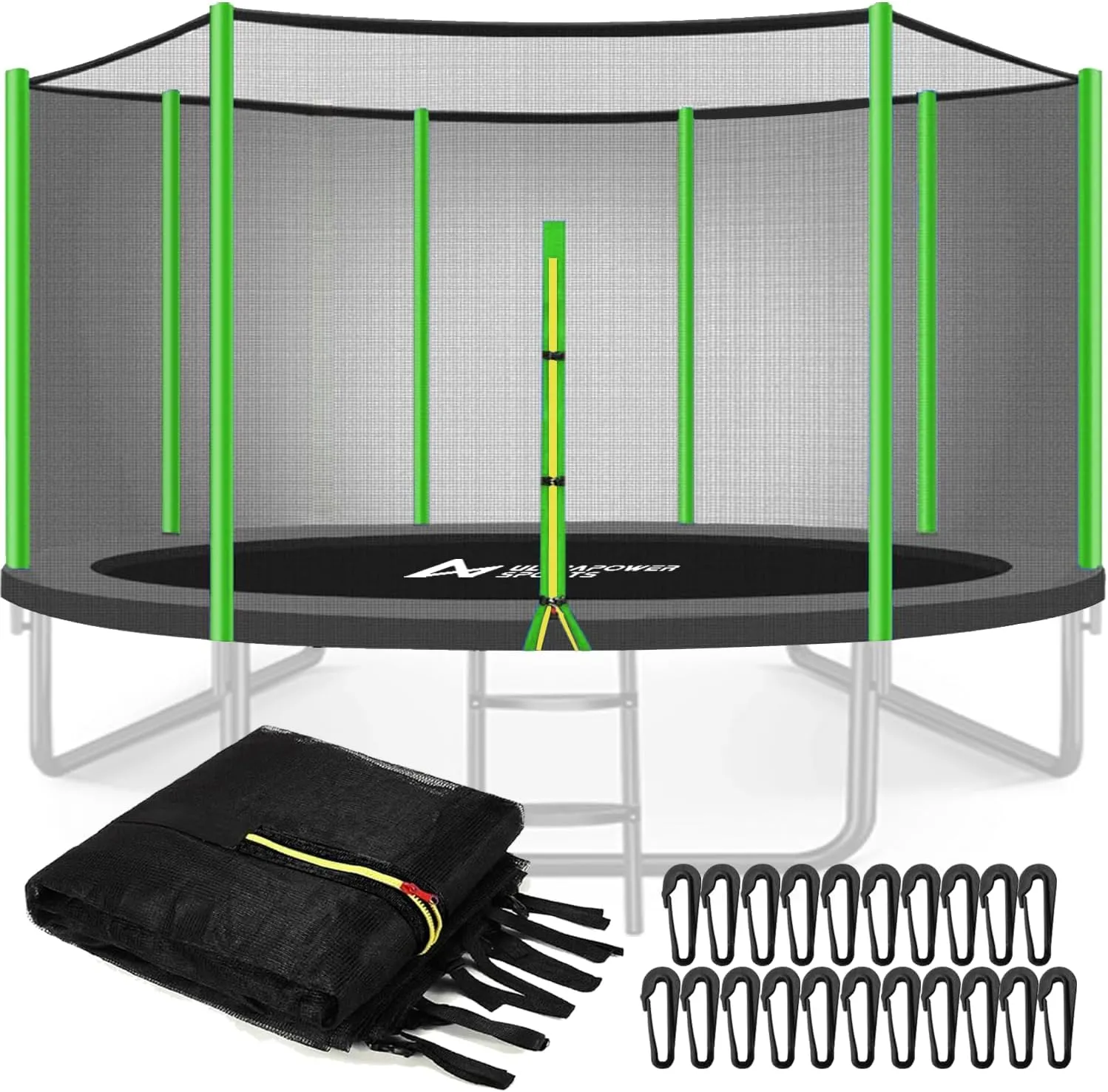 Trampoline Net Replacement 10 FT Trampoline Netting Replacement for 10FT Round Frame Trampolines Enclosure Net 6 Poles 8 Straight Poles Sleeve Trampolines Double-Headed Zipper Protection Buckles