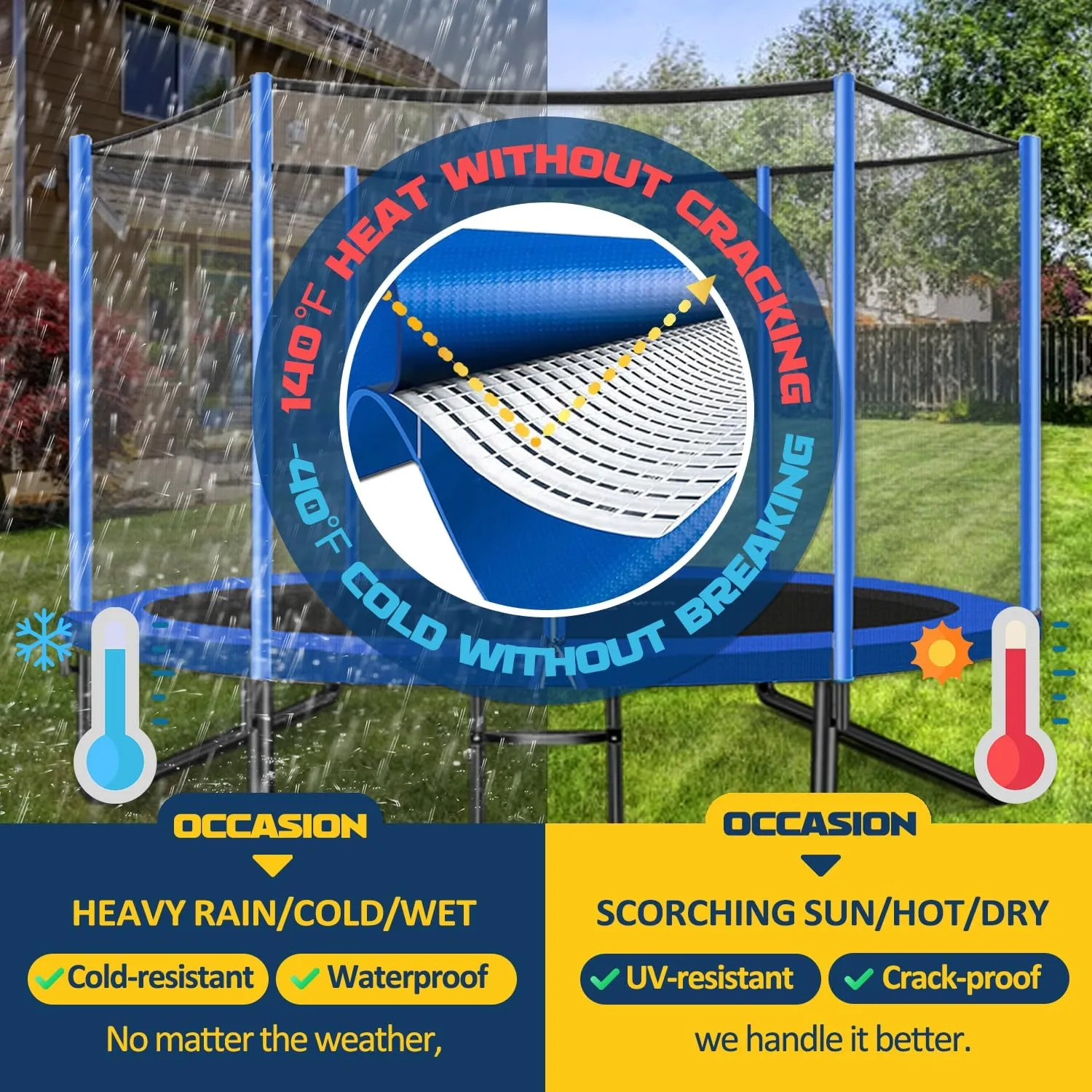 Trampoline Net Replacement 10 FT Trampoline Netting Replacement for 10FT Round Frame Trampolines Enclosure Net 6 Poles 8 Straight Poles Sleeve Trampolines Double-Headed Zipper Protection Buckles