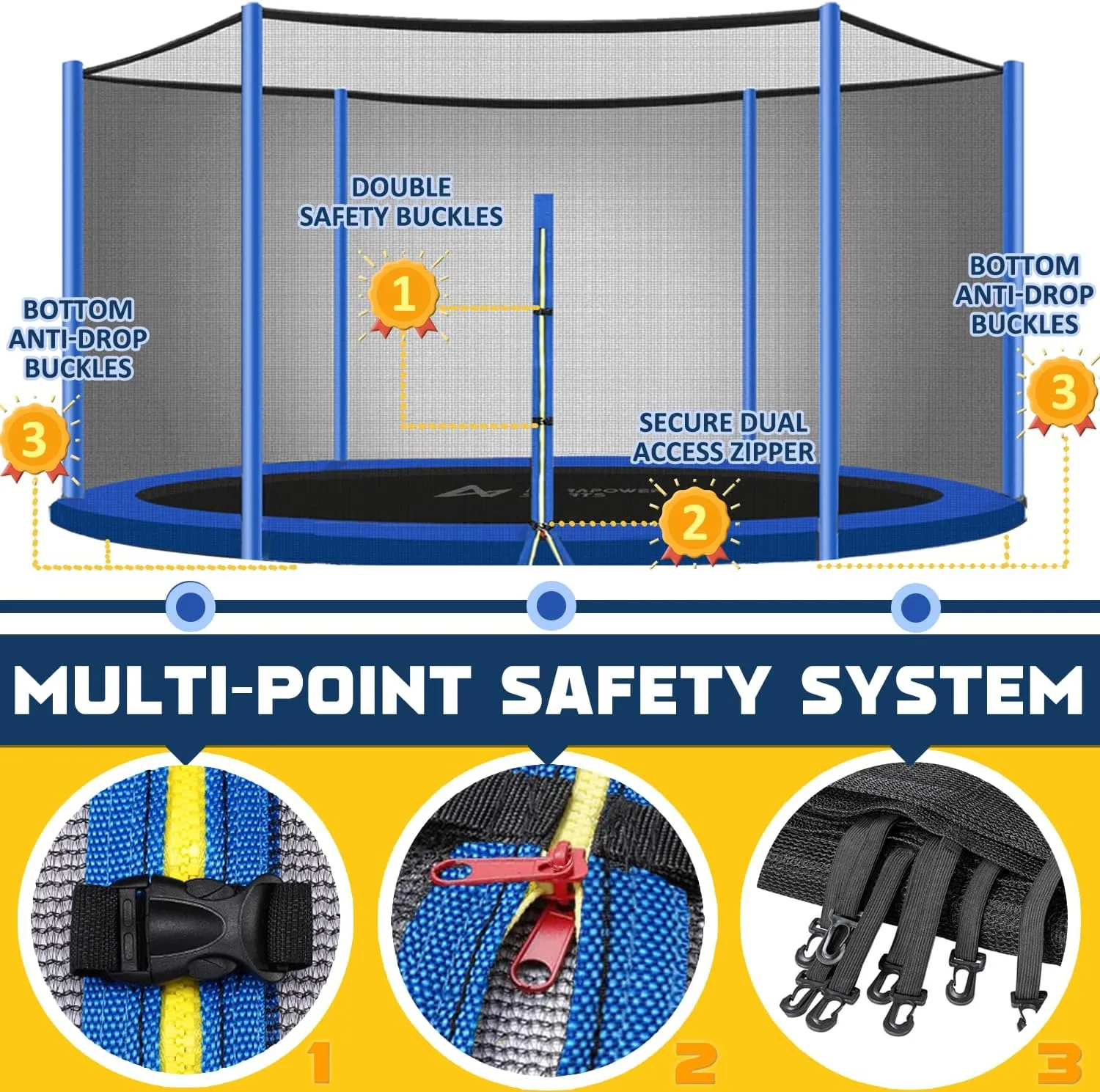 Trampoline Net Replacement 10 FT Trampoline Netting Replacement for 10FT Round Frame Trampolines Enclosure Net 6 Poles 8 Straight Poles Sleeve Trampolines Double-Headed Zipper Protection Buckles