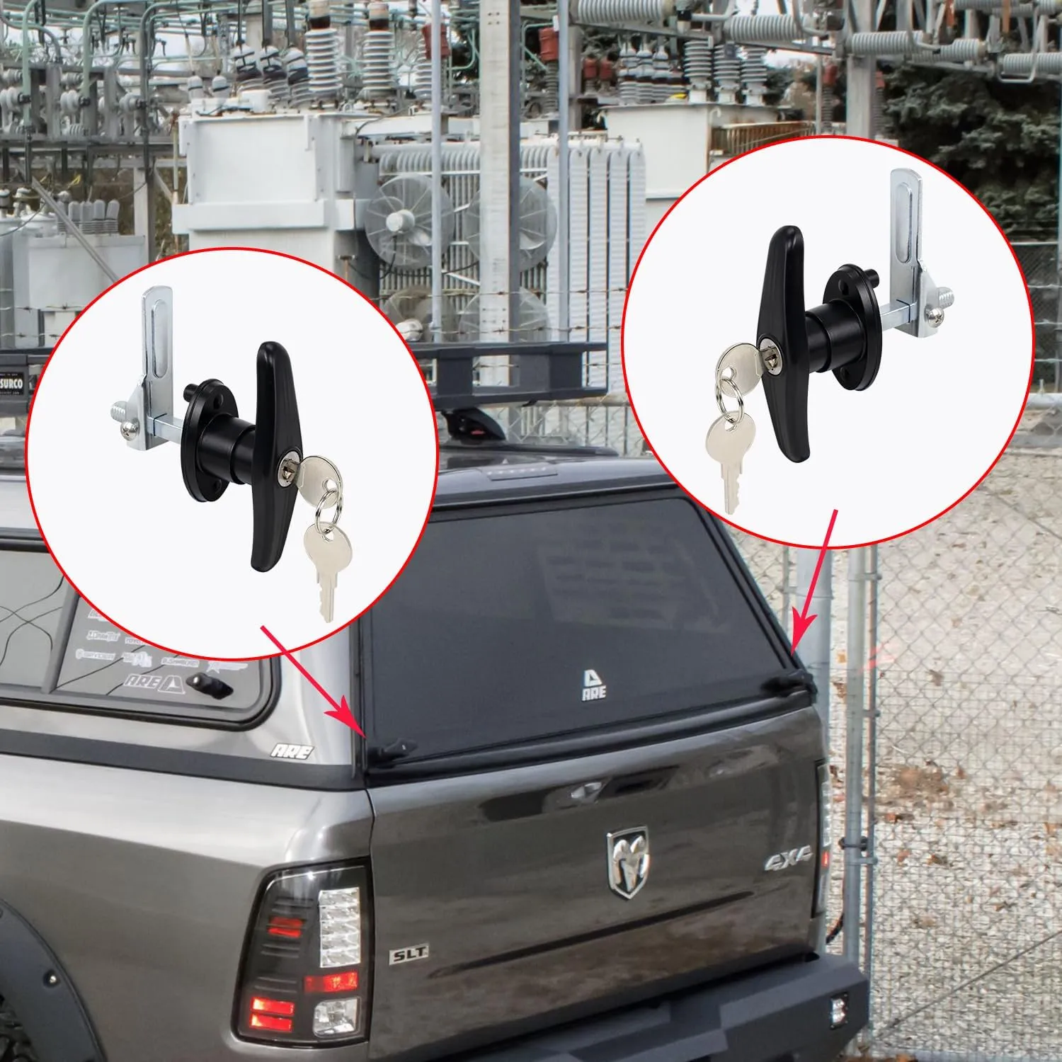 Truck Cap Locking T-Handle, Matching Set T-Handles Lock, Truck Cap Topper Camper Shell Locking T-Handle, Keyed Alike Black T-Handle Lock kit (Left&Right)-Complete Set (2 Locks)