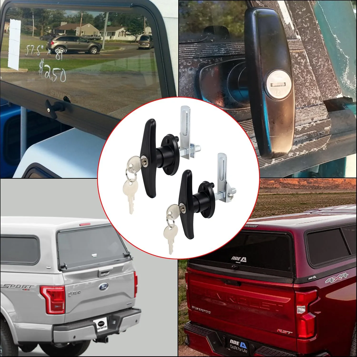 Truck Cap Locking T-Handle, Matching Set T-Handles Lock, Truck Cap Topper Camper Shell Locking T-Handle, Keyed Alike Black T-Handle Lock kit (Left&Right)-Complete Set (2 Locks)