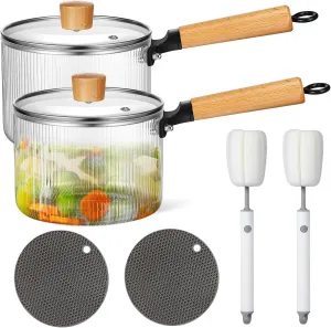 Uiifan 2 Sets Glass Pot for Cooking on Stove Kitchen Glass Cookware Clear Cooking Pot with Lid Handle and Pan Set 60oz Simmer Saucepan Resistant Safe for Pasta Noodle Soup Milk Baby Food(Ribbed)