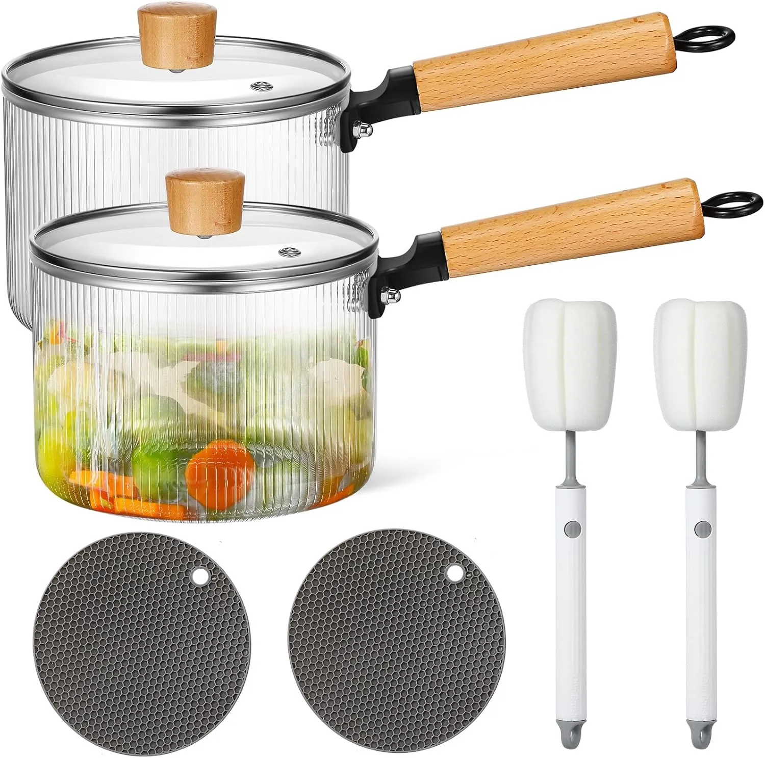 Uiifan 2 Sets Glass Pot for Cooking on Stove Kitchen Glass Cookware Clear Cooking Pot with Lid Handle and Pan Set 60oz Simmer Saucepan Resistant Safe for Pasta Noodle Soup Milk Baby Food(Ribbed)