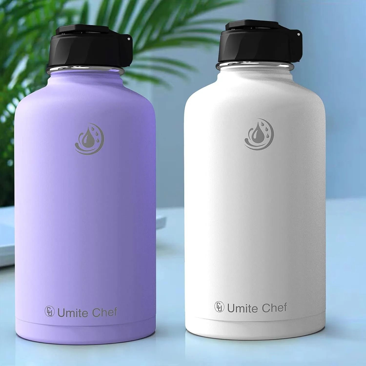 Umite Chef Stainless Steel Water Bottle with Straw, 64 OZ Wide Mouth Vacuum Insulated Sports Water Thermos Bottle with Leak-proof Wide Handle Straw Lid, Double Walled Flask Thermos Mug(Lavender)