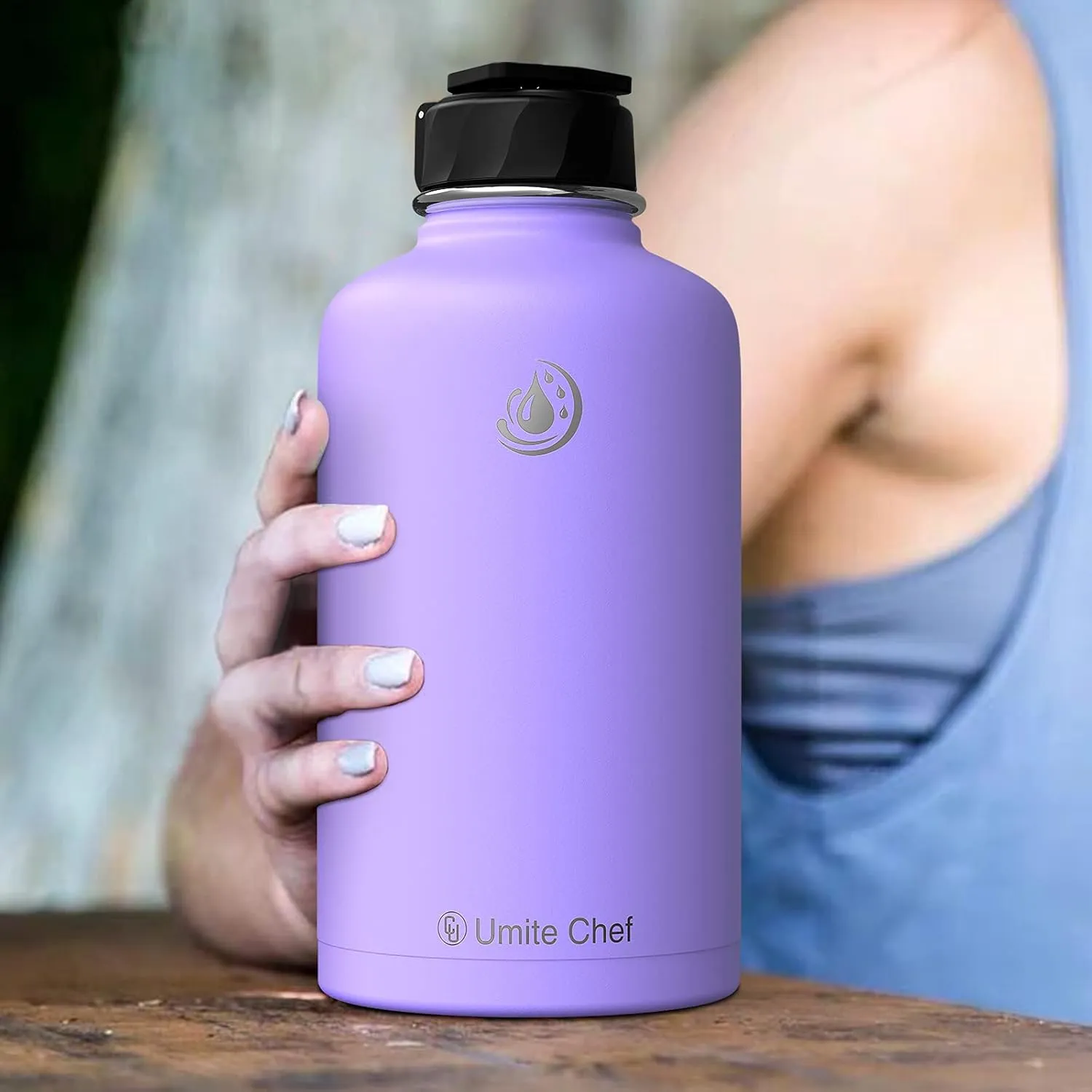 Umite Chef Stainless Steel Water Bottle with Straw, 64 OZ Wide Mouth Vacuum Insulated Sports Water Thermos Bottle with Leak-proof Wide Handle Straw Lid, Double Walled Flask Thermos Mug(Lavender)