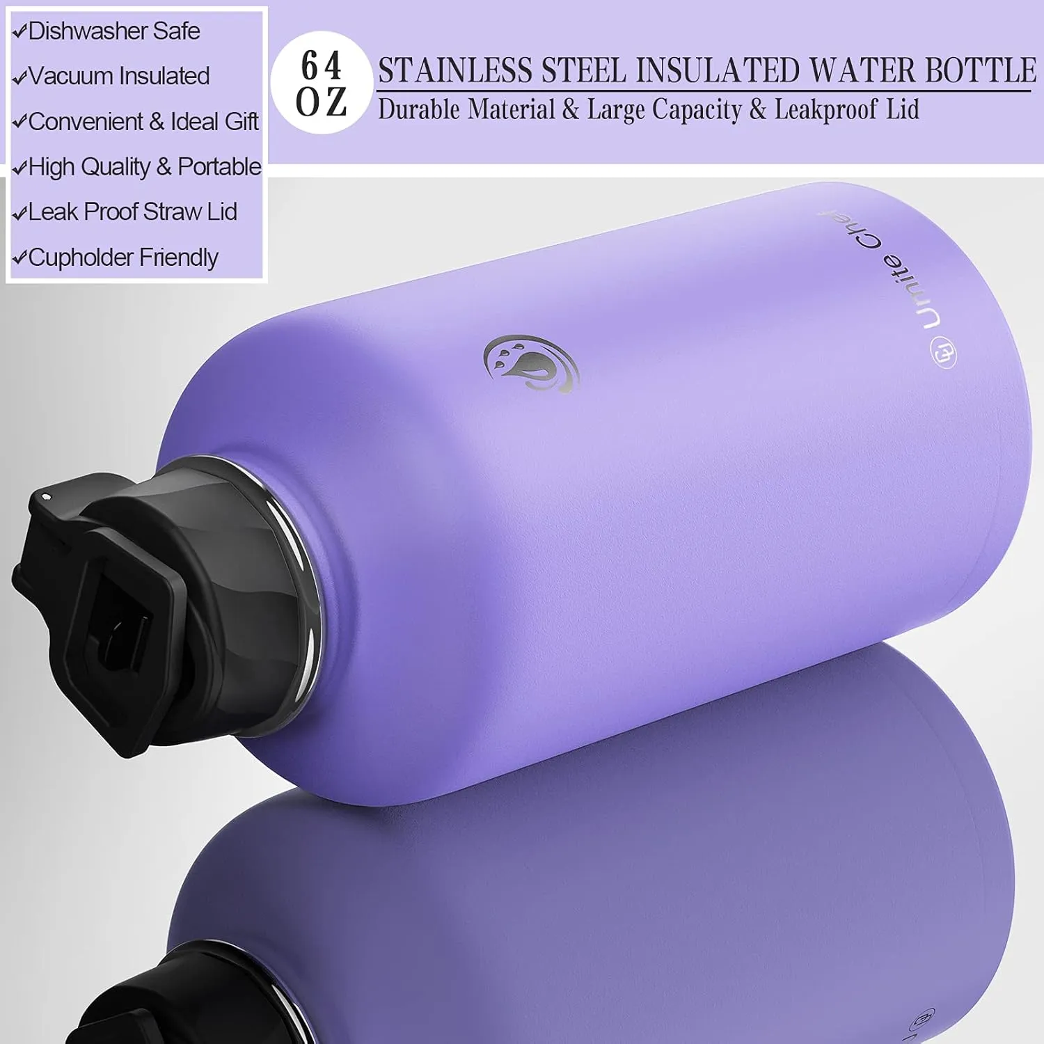 Umite Chef Stainless Steel Water Bottle with Straw, 64 OZ Wide Mouth Vacuum Insulated Sports Water Thermos Bottle with Leak-proof Wide Handle Straw Lid, Double Walled Flask Thermos Mug(Lavender)