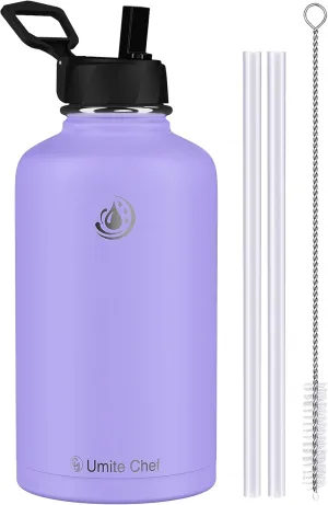 Umite Chef Stainless Steel Water Bottle with Straw, 64 OZ Wide Mouth Vacuum Insulated Sports Water Thermos Bottle with Leak-proof Wide Handle Straw Lid, Double Walled Flask Thermos Mug(Lavender)