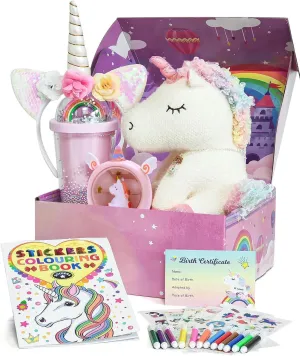 Unicorn Gift for Girls Toy Age 3 4 5 6 7 8 with Plush Stuffed Animal Water Bottle Night Light Headband DIY Color Book Pen, Christmas Birthday Gifts Idea Toys for Little Girl 3-10 Years Old