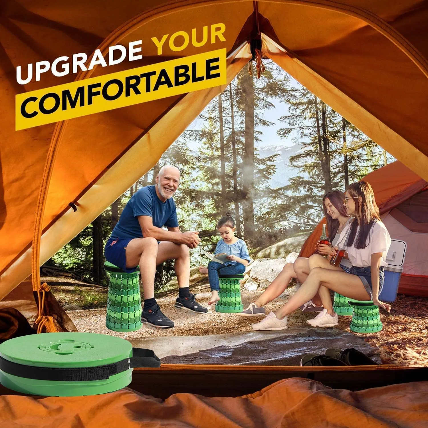 Upgraded 19.7"Portable Collapsible Folding Stool with Cushion Retractable Telescoping Foldable Stool for Adults Heavy Duty Camping Sturdy with Max Load Capacity 1000lbs for Outdoor Fishing Hiking BBQ
