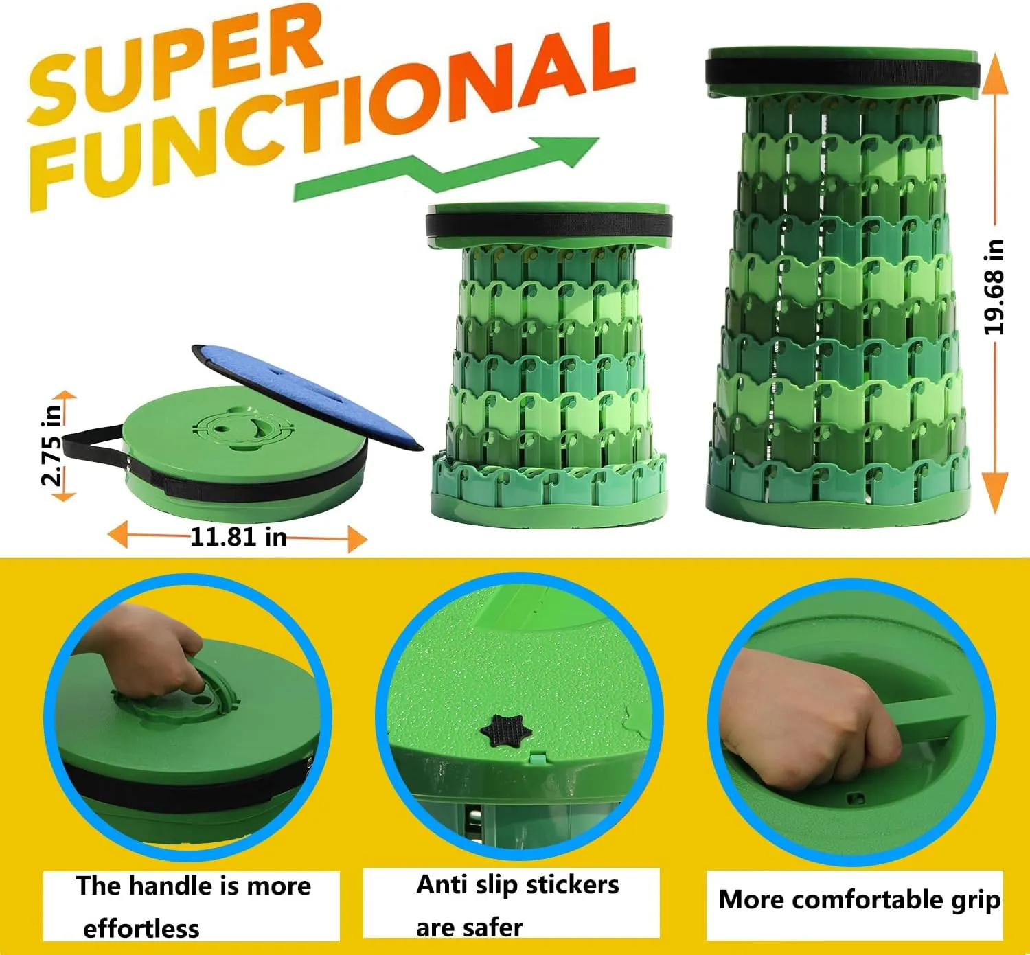 Upgraded 19.7"Portable Collapsible Folding Stool with Cushion Retractable Telescoping Foldable Stool for Adults Heavy Duty Camping Sturdy with Max Load Capacity 1000lbs for Outdoor Fishing Hiking BBQ