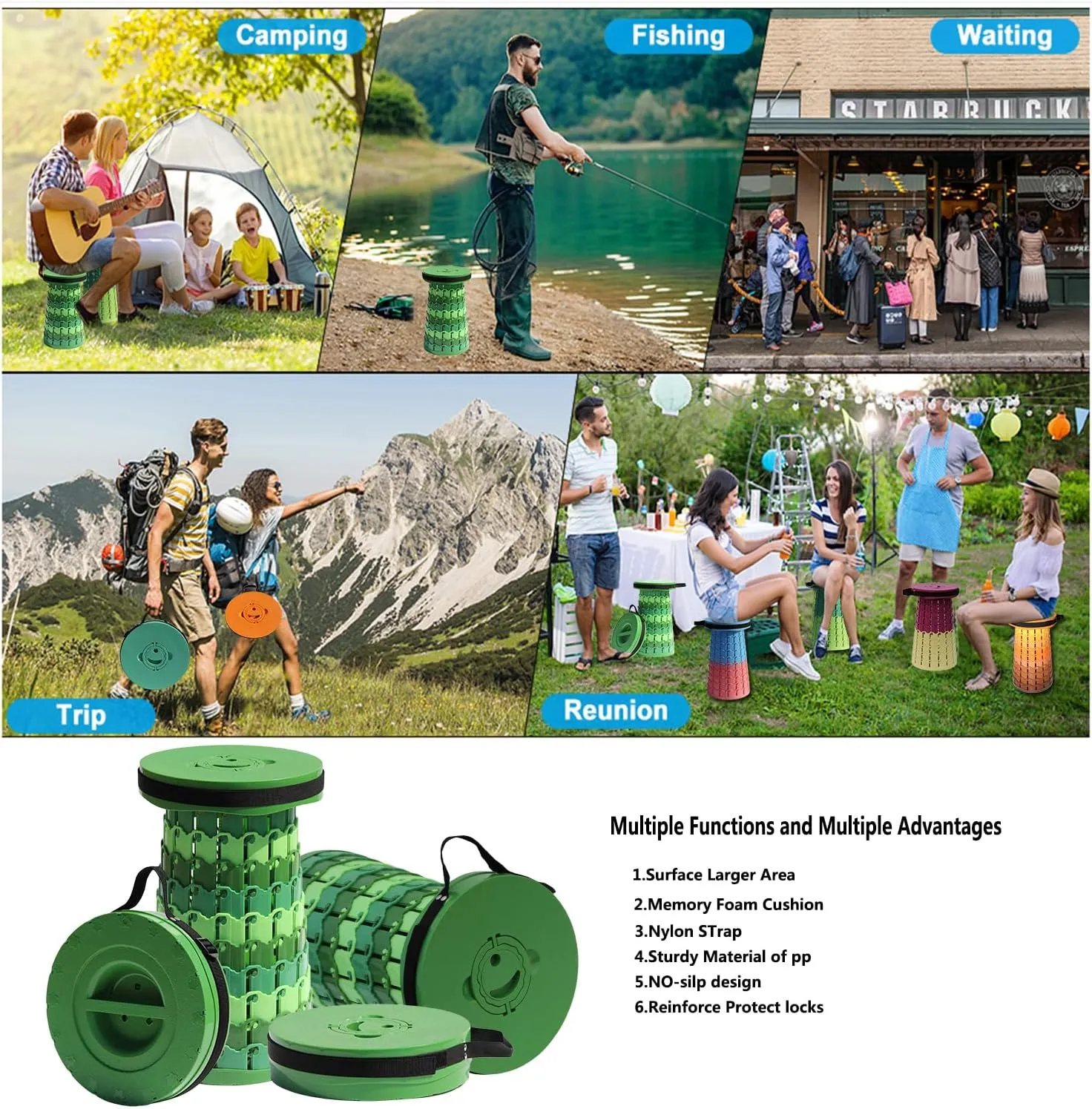 Upgraded 19.7"Portable Collapsible Folding Stool with Cushion Retractable Telescoping Foldable Stool for Adults Heavy Duty Camping Sturdy with Max Load Capacity 1000lbs for Outdoor Fishing Hiking BBQ