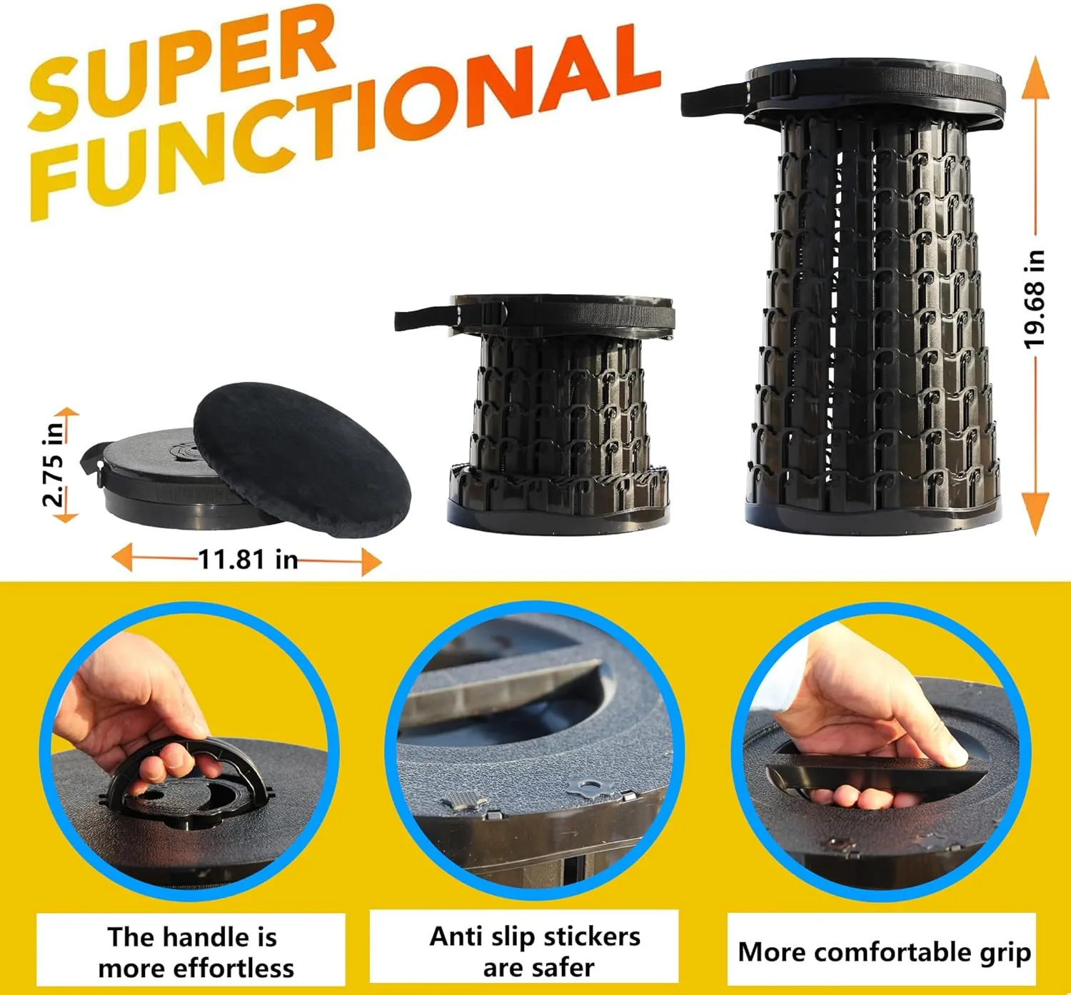 Upgraded 19.7"Portable Collapsible Folding Stool with Thicker Memory Foam Cushion Retractable Telescoping Foldable Stool for Adults Heavy Duty Sturdy with Max Load Capacity 1000lbs for Outdoor Fishing