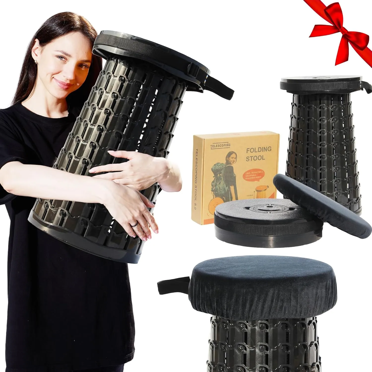 Upgraded 19.7"Portable Collapsible Folding Stool with Thicker Memory Foam Cushion Retractable Telescoping Foldable Stool for Adults Heavy Duty Sturdy with Max Load Capacity 1000lbs for Outdoor Fishing