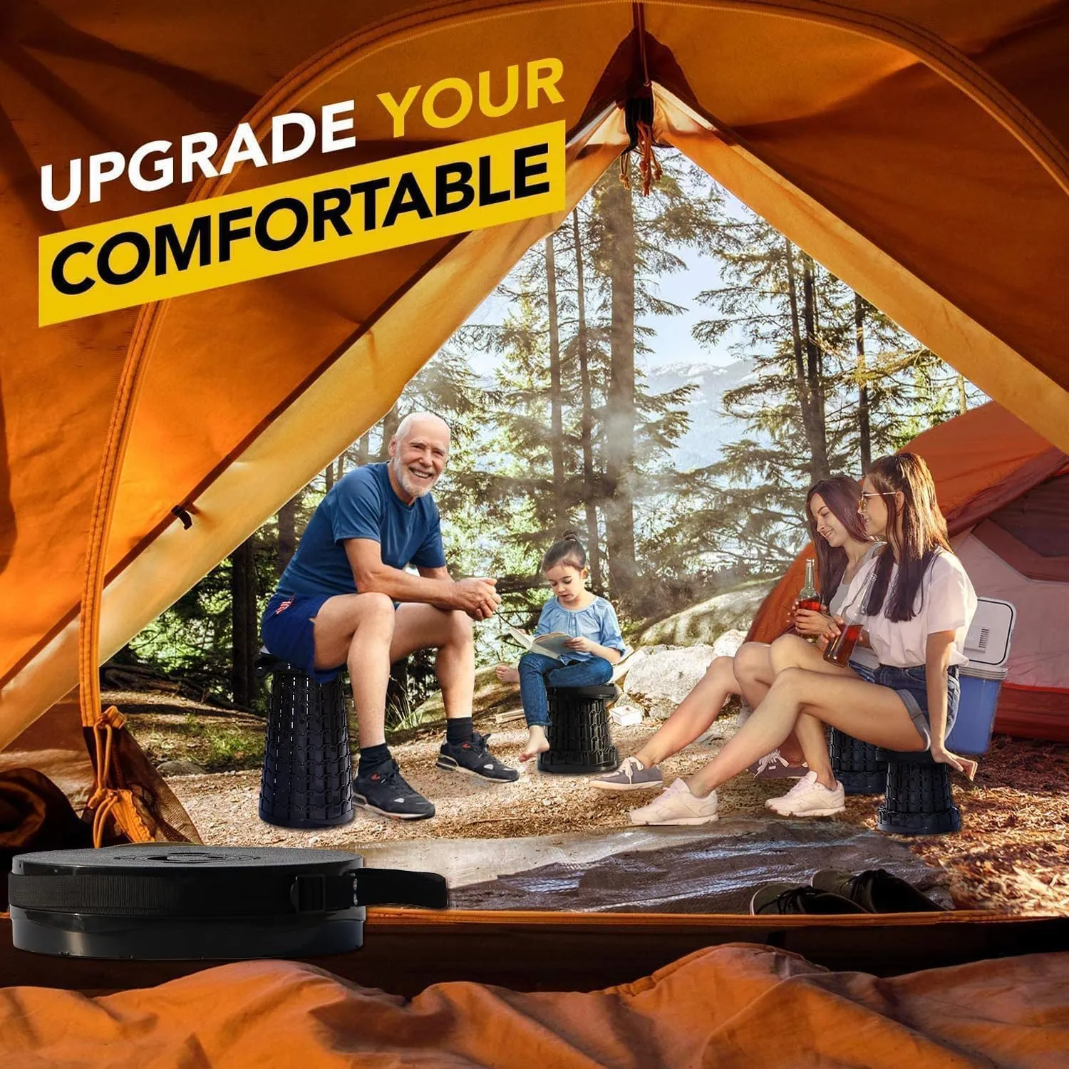 Upgraded 19.7"Portable Collapsible Folding Stool with Thicker Memory Foam Cushion Retractable Telescoping Foldable Stool for Adults Heavy Duty Sturdy with Max Load Capacity 1000lbs for Outdoor Fishing