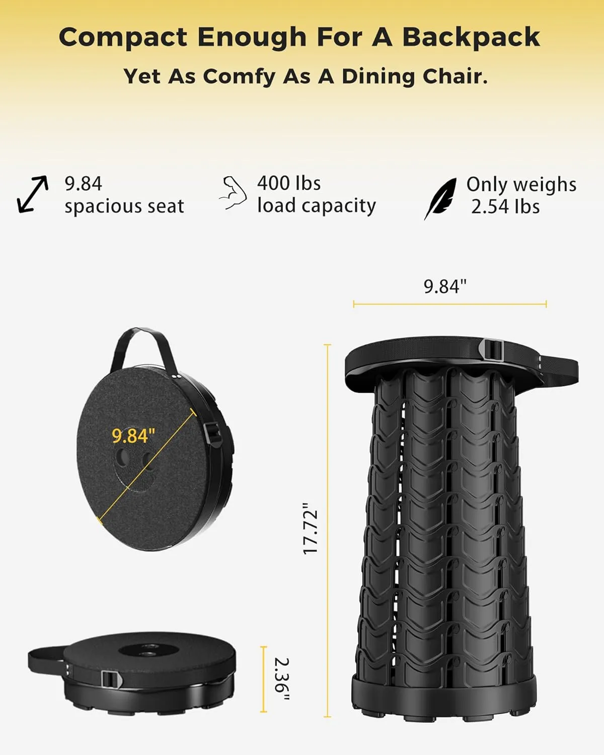 Upgraded Collapsible Stool with Detachable Cushion & Waterproof Bag - 400lbs Heavy Duty Portable Folding Stool for Adults, Telescoping Camping Seat with Carrying Straps for Fishing Hiking Travel BBQ