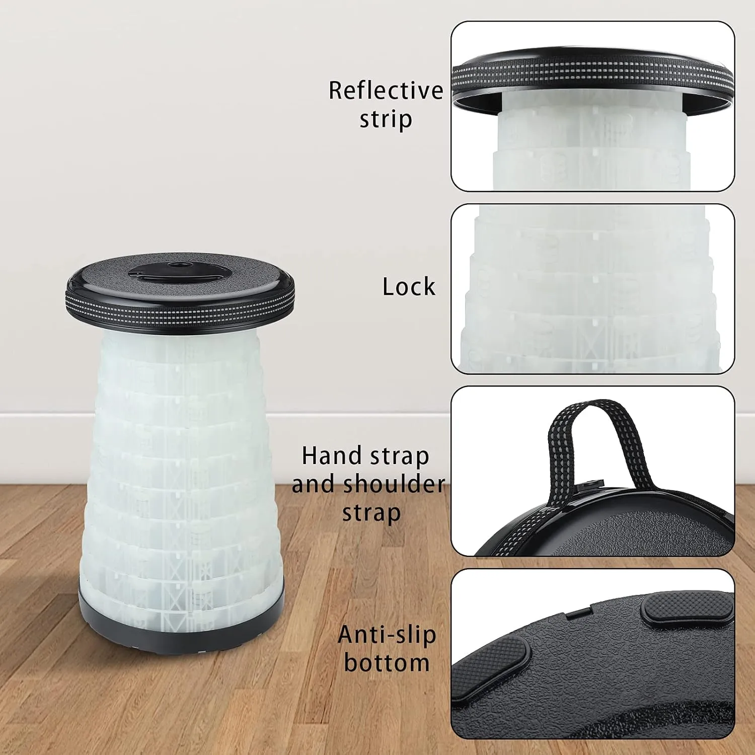 Upgraded Folding Stools Portable with Light for Camping Retractable Plastic Chair Lightweight Collapsible for Adults Fishing Garden Outdoors Indoors (Black)