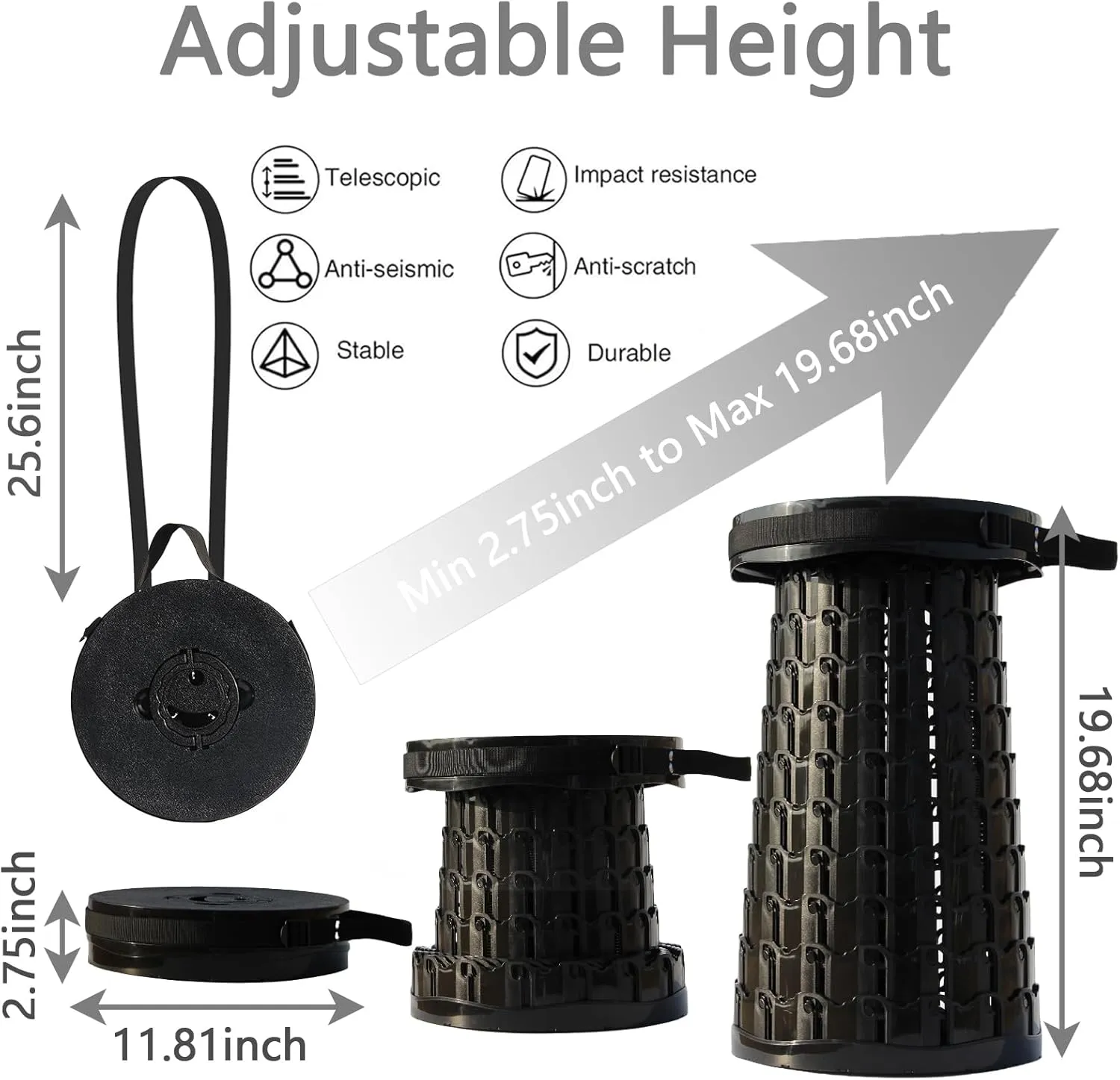 Upgraded XXL Collapsible Stool with Cushion,19.7"H-11.8"D Telescoping Folding Stool for Adults,More Sturdy Portable Camping Stools with Load Capacity 1000lbs for Outdoor,Garden,Fishing,Hiking
