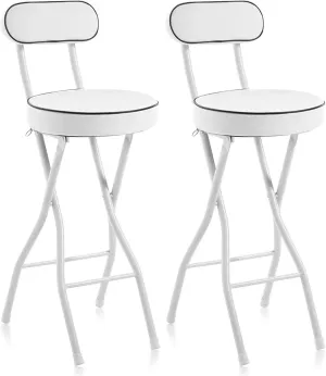 UWEAR Folding Bar Stool with Back,Folding Stools Leather Padded Counter Height Foldable Chairs,Tall Bar Collapsible Stools for Adults Kitchen Island Guitar Shop Cafe (2 PCS White)