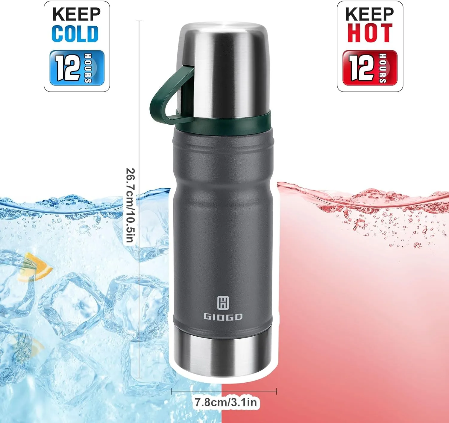 Vacuum Insulated Water Bottle Thermo Water Flask with Cup 680ml/23oz Stainless Steel Thermal Water Bottles Thermo for Hot and Cold Drinks Coffee Water(Dark Grey,Set)