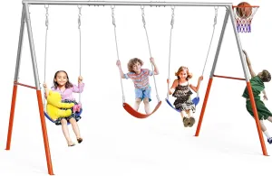 VALUE BOX 3-Seats Swing Sets for Backyard with Basketball-Hoop, Kids Metal Swing Sets for Outdoor with 3 Height-Adjustable Seats, 6 Locking Threaded Hangers, Suitable for DIY (Orange&Blue)