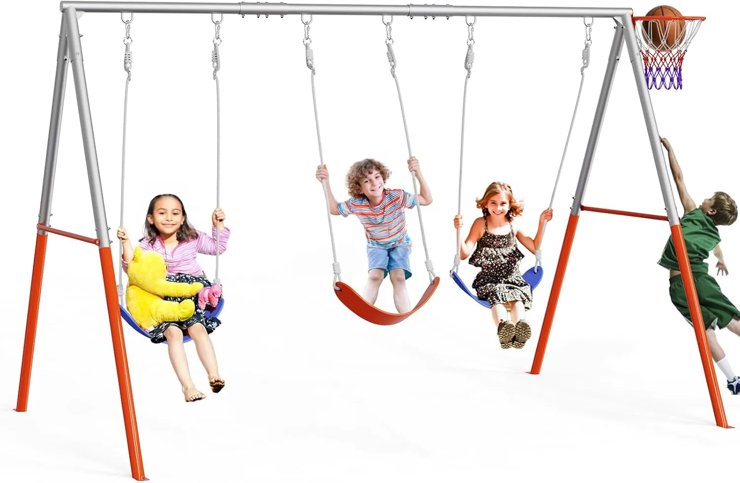 VALUE BOX 3-Seats Swing Sets for Backyard with Basketball-Hoop, Kids Metal Swing Sets for Outdoor with 3 Height-Adjustable Seats, 6 Locking Threaded Hangers, Suitable for DIY (Orange&Blue)
