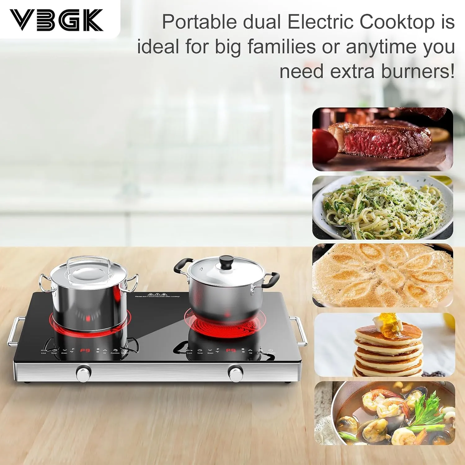 VBGK Electric Cooktop,110V 2400W Electric Stove Top with Knob Control,9 Power Levels, Kids Lock & Timer,LED touch control,Overheat Protection Electric stove,24 Inch desktop 2 burner