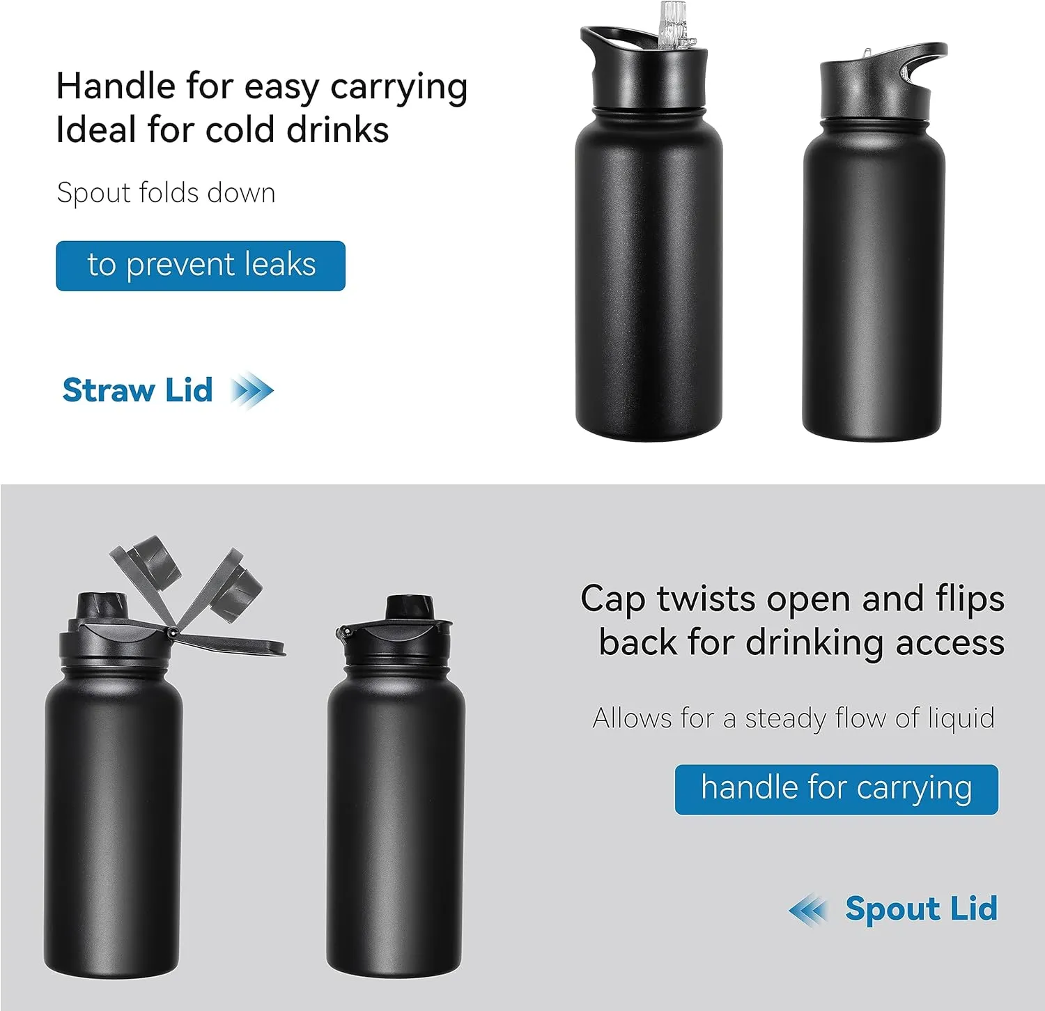 VEGOND 32 oz Insulated Water Bottle Bulk Stainless Steel Metal Water Bottles with Leak Proof Straw Lid & Spout Lid, Wide Mouth Double Walled Vacuum Travel Sports Bottle, 4 Pack