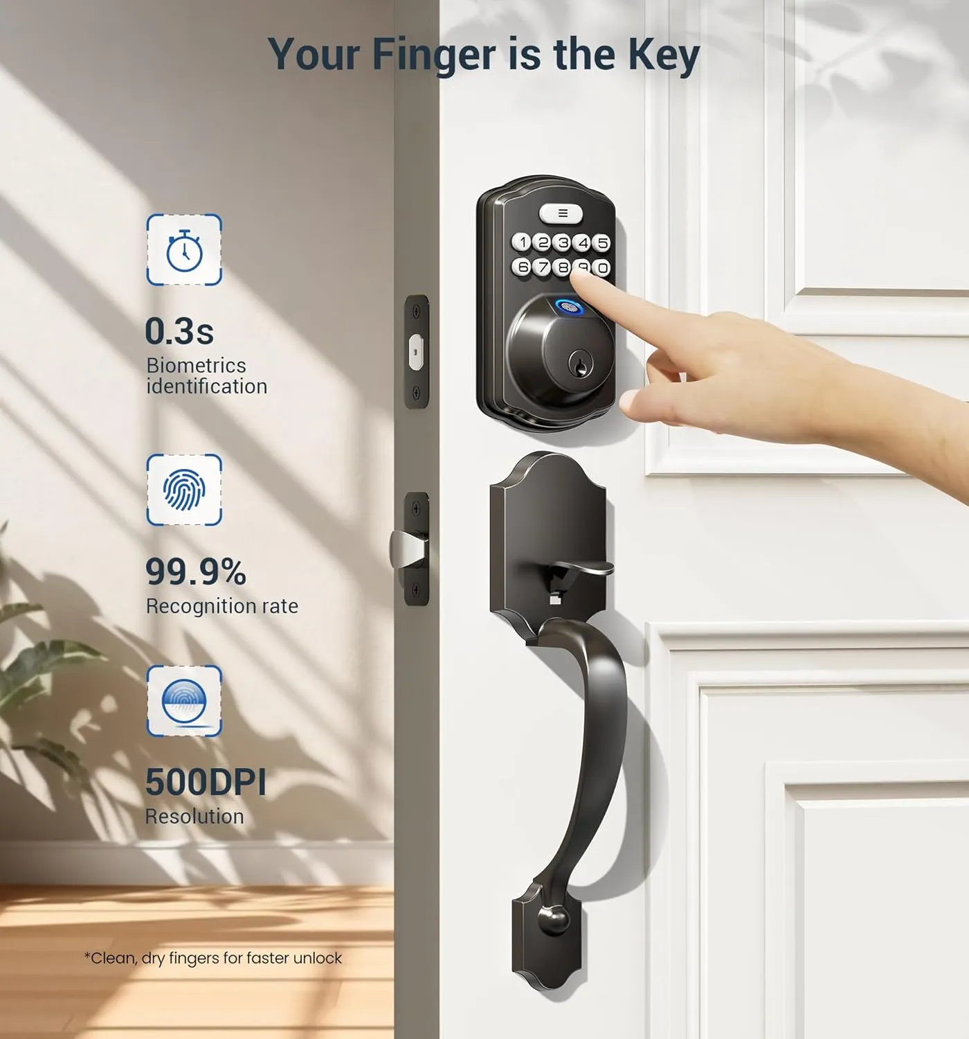 Veise Fingerprint Door Lock Set, Keyless Entry Door Lock, Front Handle Set, Electronic Keypad Deadbolt with Lever Handle, 2 Keys, Auto-Locking, One-time Codes, Easy to Install, Matte Black