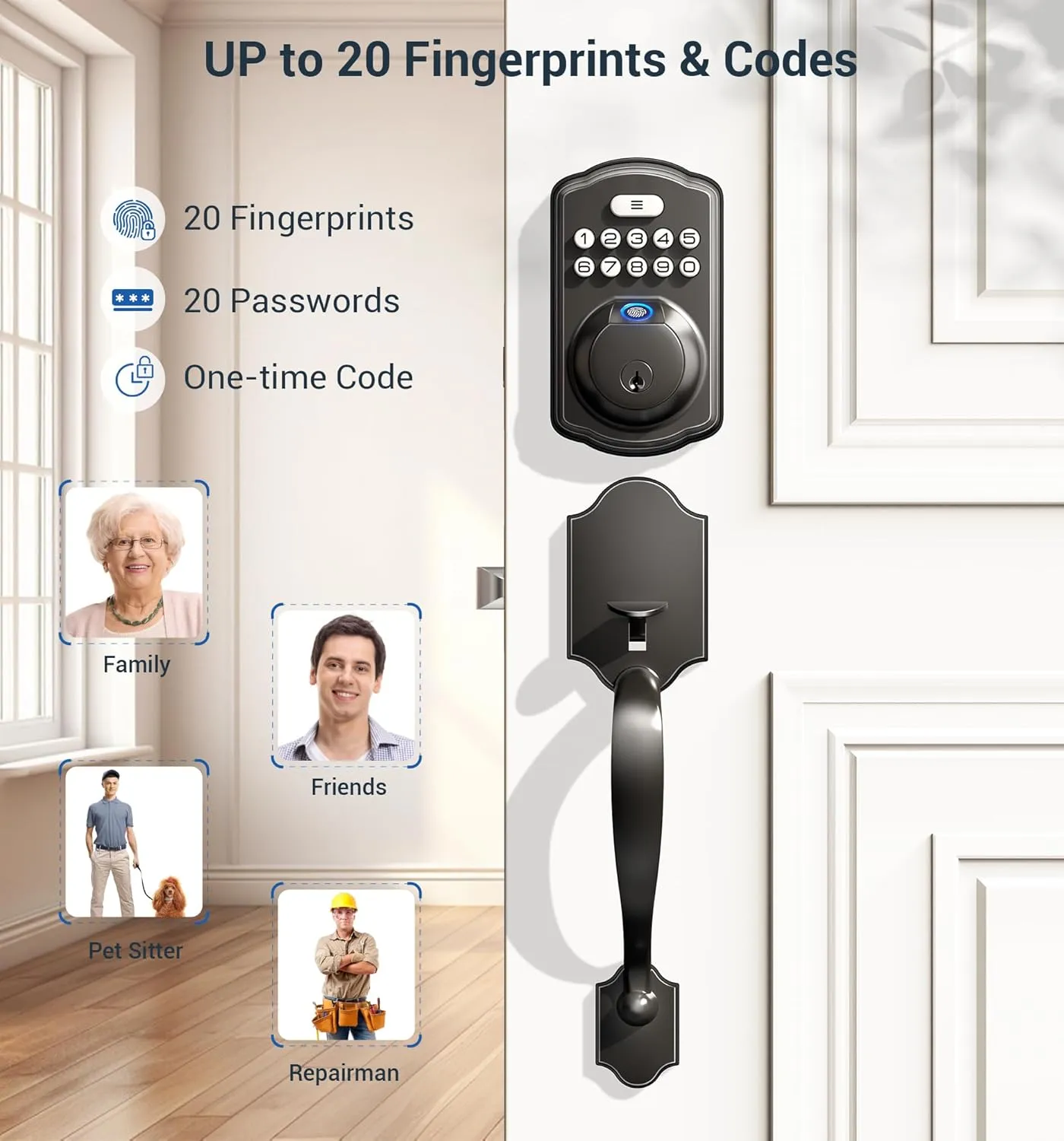 Veise Fingerprint Door Lock Set, Keyless Entry Door Lock, Front Handle Set, Electronic Keypad Deadbolt with Lever Handle, 2 Keys, Auto-Locking, One-time Codes, Easy to Install, Matte Black