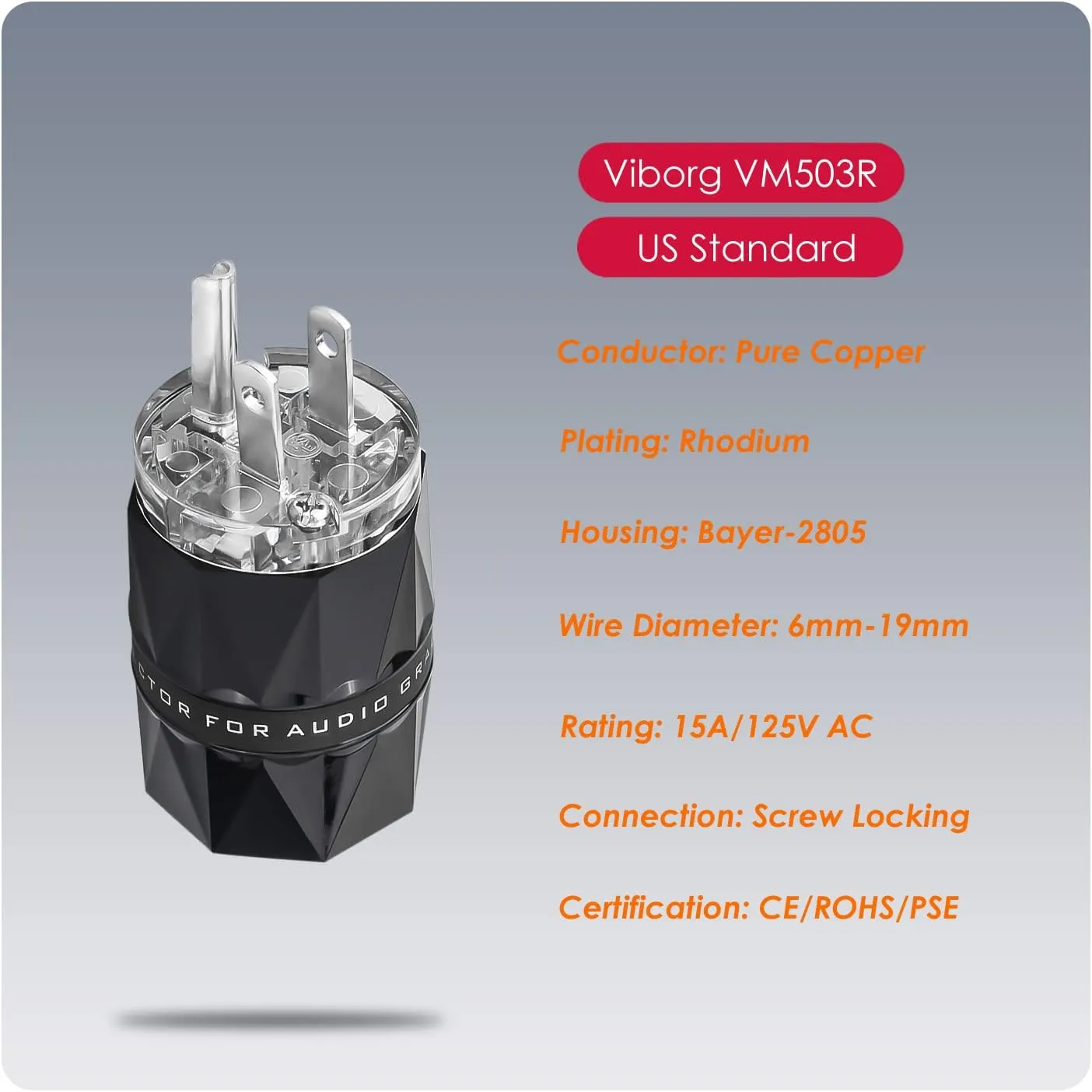 Viborg HiFi Power Connector, Rhodium-Plated Copper, Non-Magnetic, 15A/125V AC Mains Plug, Audio Grade, Set Screws, Hi-End US Power Cord Connector