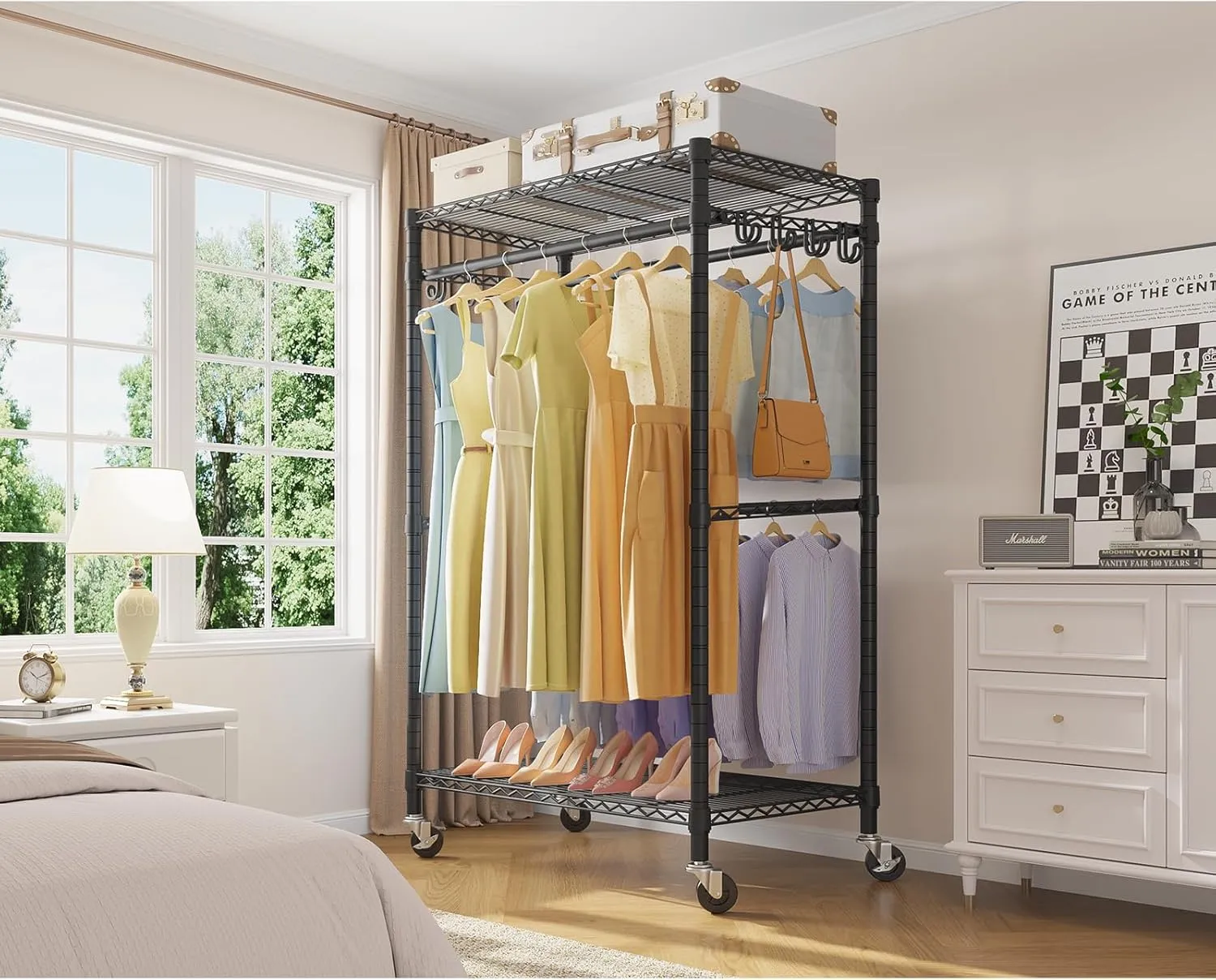 VIPEK R2 Pro Rolling Garment Rack 2-Sided Hanging Heavy Duty Clothes Racks with Wheels Adjustable Shelves Hanging Rods Metal Portable Closet Storage Freestanding Clothing Rack, Max load 600lbs, Black