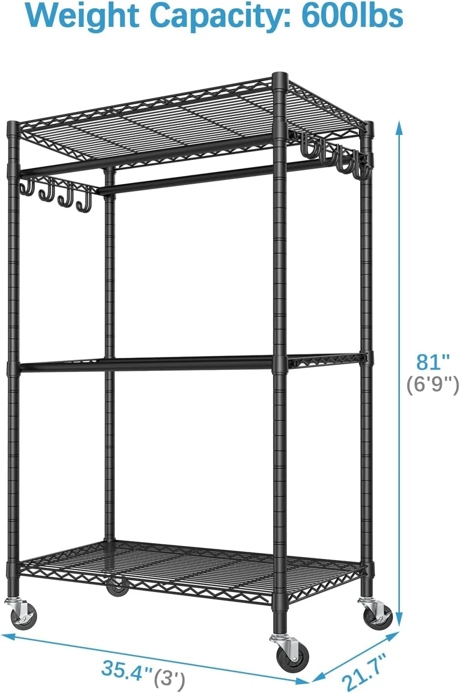 VIPEK R2 Pro Rolling Garment Rack 2-Sided Hanging Heavy Duty Clothes Racks with Wheels Adjustable Shelves Hanging Rods Metal Portable Closet Storage Freestanding Clothing Rack, Max load 600lbs, Black