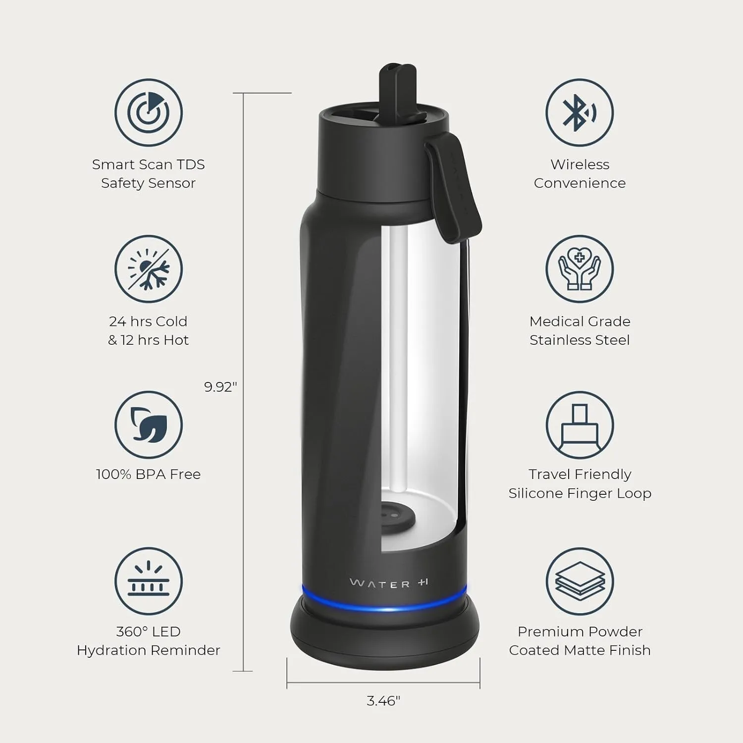 Vita Smart Water Bottle with Reminder to Drink Water, BPA-Free Vacuum Insulated Water Bottles with Filter & Straw, Bluetooth Intake Water Tracking Bottle, Ideal for Gift (18 oz)