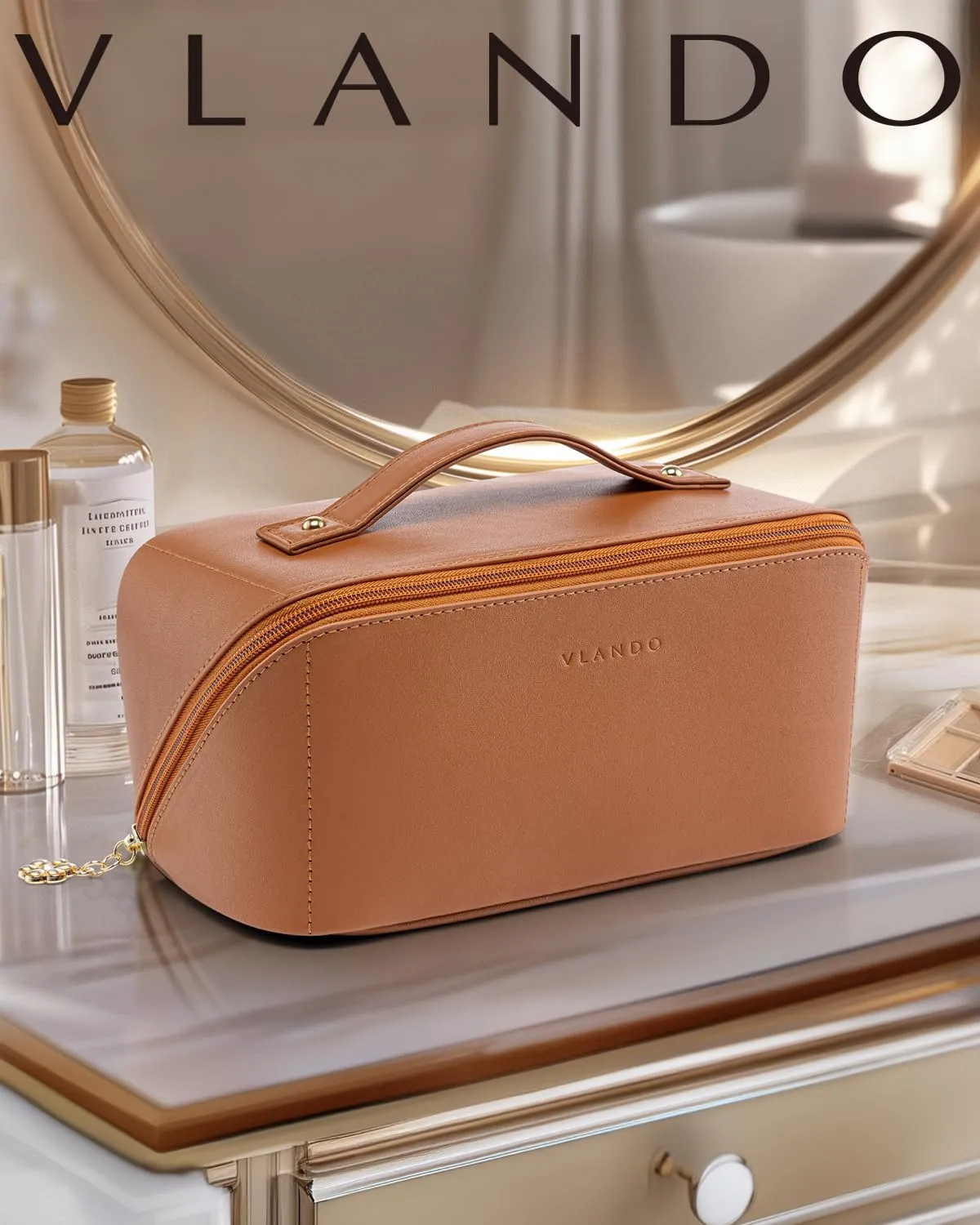 Vlando Travel Makeup Bag,Travel Gifts for Women,Brown Leather Make up Bag for Women,Makeup Brushes Bag with Divider and Handle,Birthday Gifts Teacher Gifts