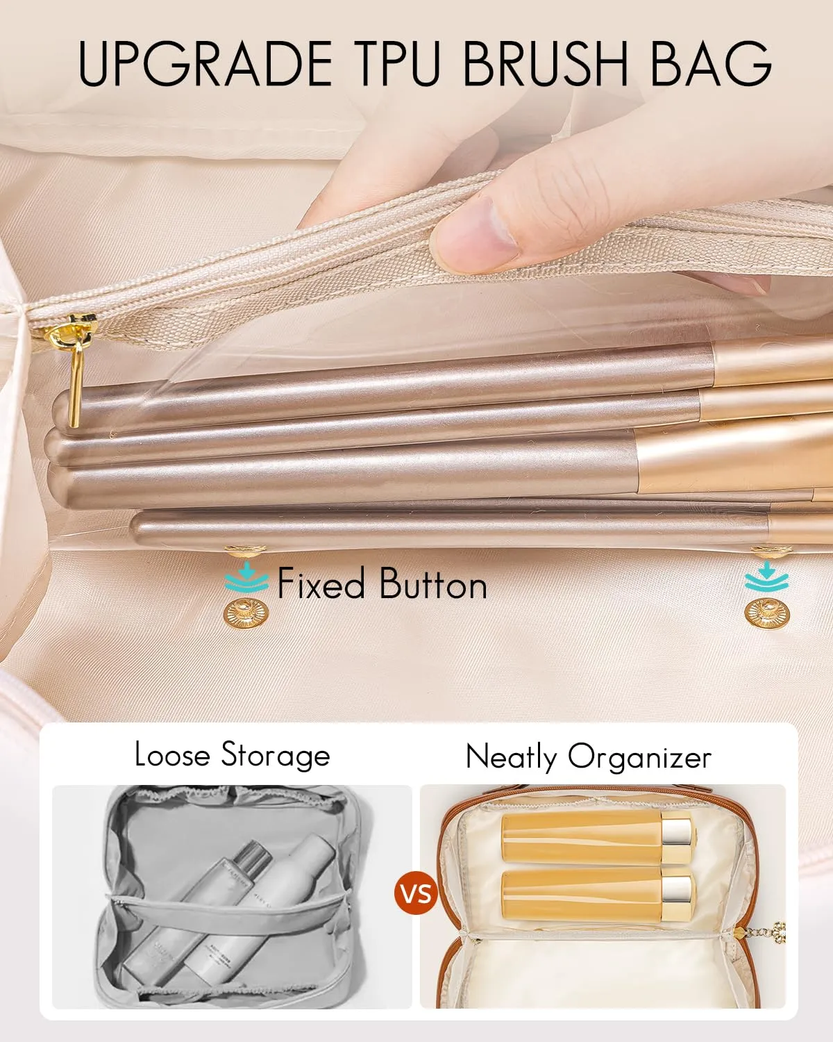 Vlando Travel Makeup Bag,Travel Gifts for Women,Brown Leather Make up Bag for Women,Makeup Brushes Bag with Divider and Handle,Birthday Gifts Teacher Gifts