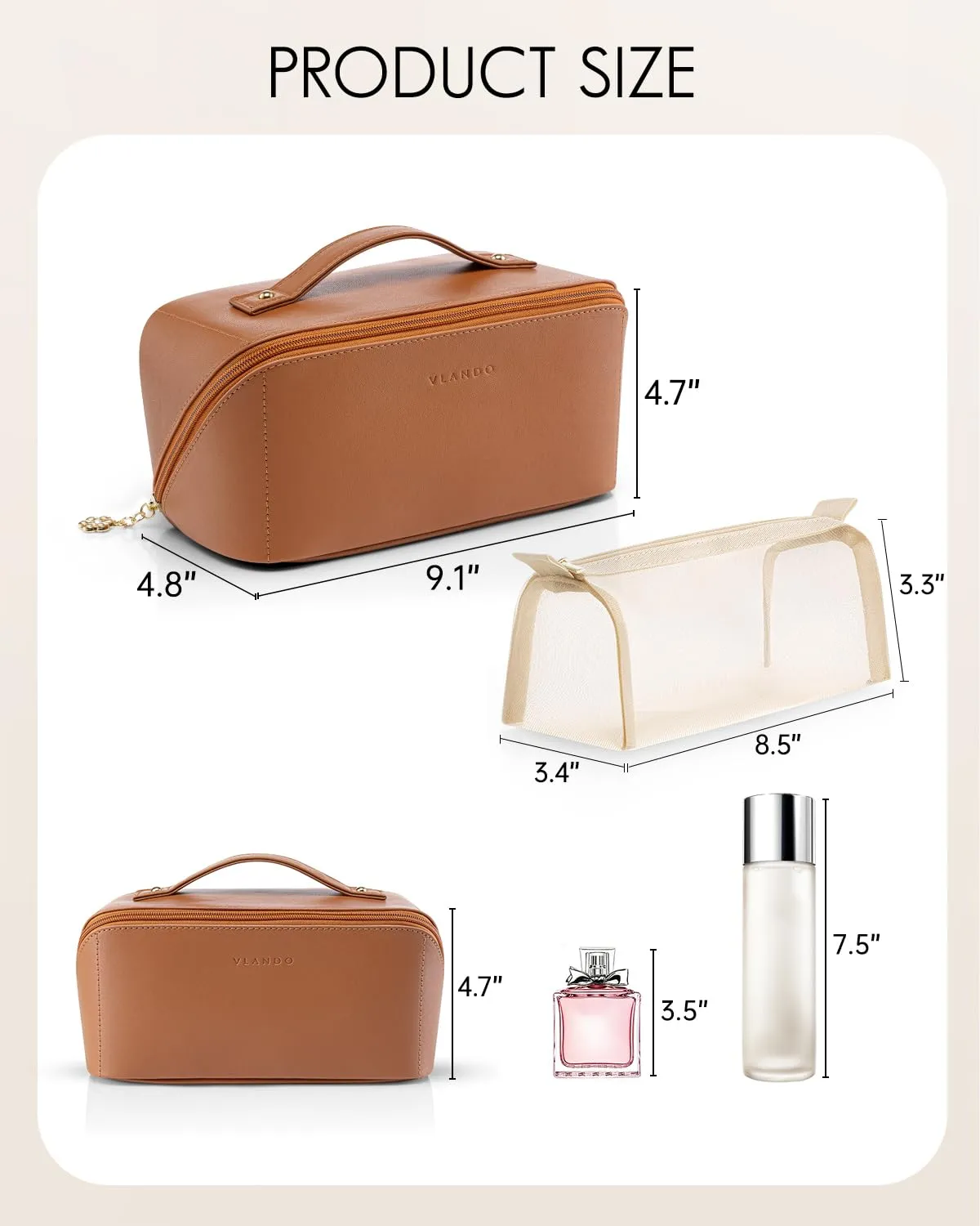 Vlando Travel Makeup Bag,Travel Gifts for Women,Brown Leather Make up Bag for Women,Makeup Brushes Bag with Divider and Handle,Birthday Gifts Teacher Gifts