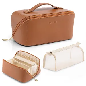 Vlando Travel Makeup Bag,Travel Gifts for Women,Brown Leather Make up Bag for Women,Makeup Brushes Bag with Divider and Handle,Birthday Gifts Teacher Gifts