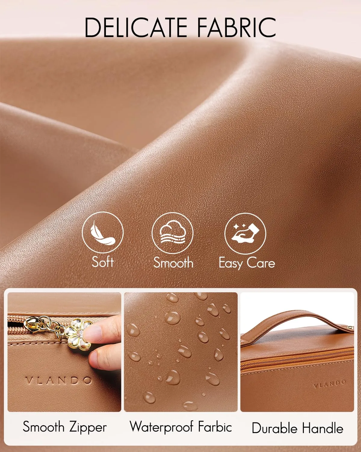 Vlando Travel Makeup Bag,Travel Gifts for Women,Brown Leather Make up Bag for Women,Makeup Brushes Bag with Divider and Handle,Birthday Gifts Teacher Gifts