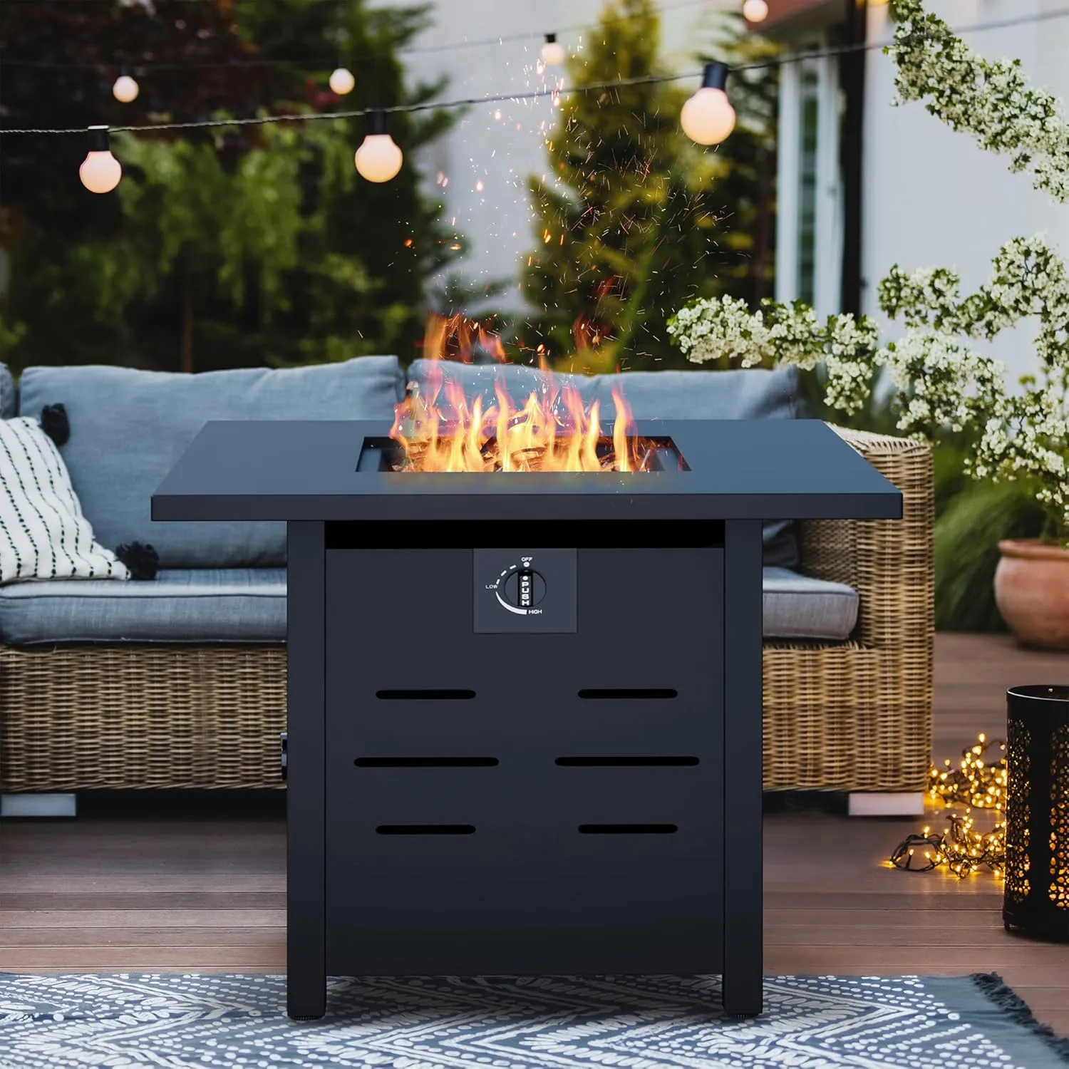 Vongrasig 28" Gas Fire Pit, 50,000 BTU Steel Propane Fire Pit Table for Outdoor Outside, Outside Patio Deck and Garden, CSA Certified Fire Table with Lid and Lava Rock