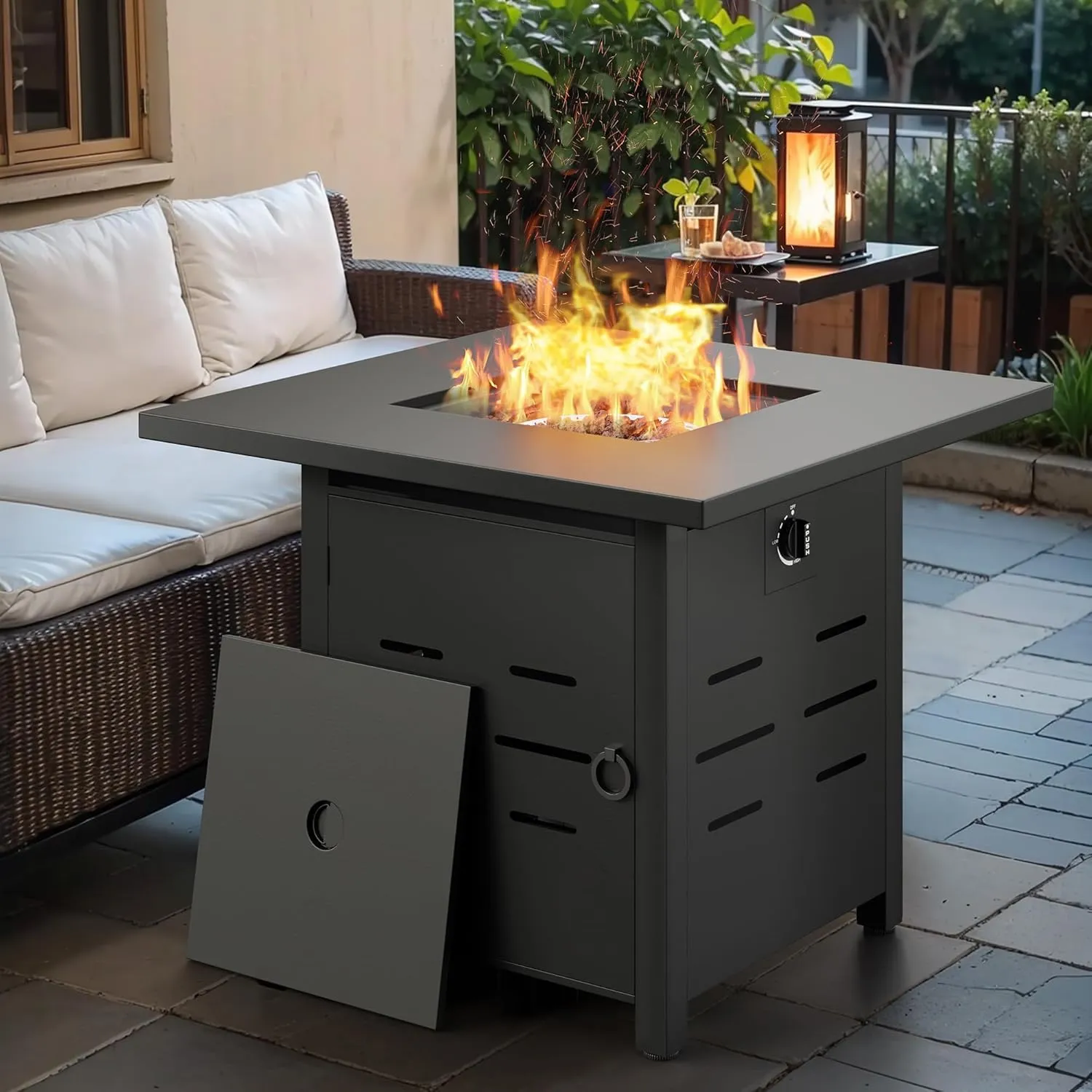 Vongrasig 28" Gas Fire Pit, 50,000 BTU Steel Propane Fire Pit Table for Outdoor Outside, Outside Patio Deck and Garden, CSA Certified Fire Table with Lid and Lava Rock