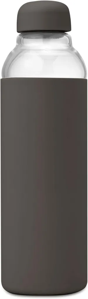 W&P Porter Glass Water Bottle w/ Protective Silicone Sleeve | Charcoal 20 Ounces | On-the-Go | Reusable Bottle for Coffee, Tea and Water | Portable | Dishwasher Safe