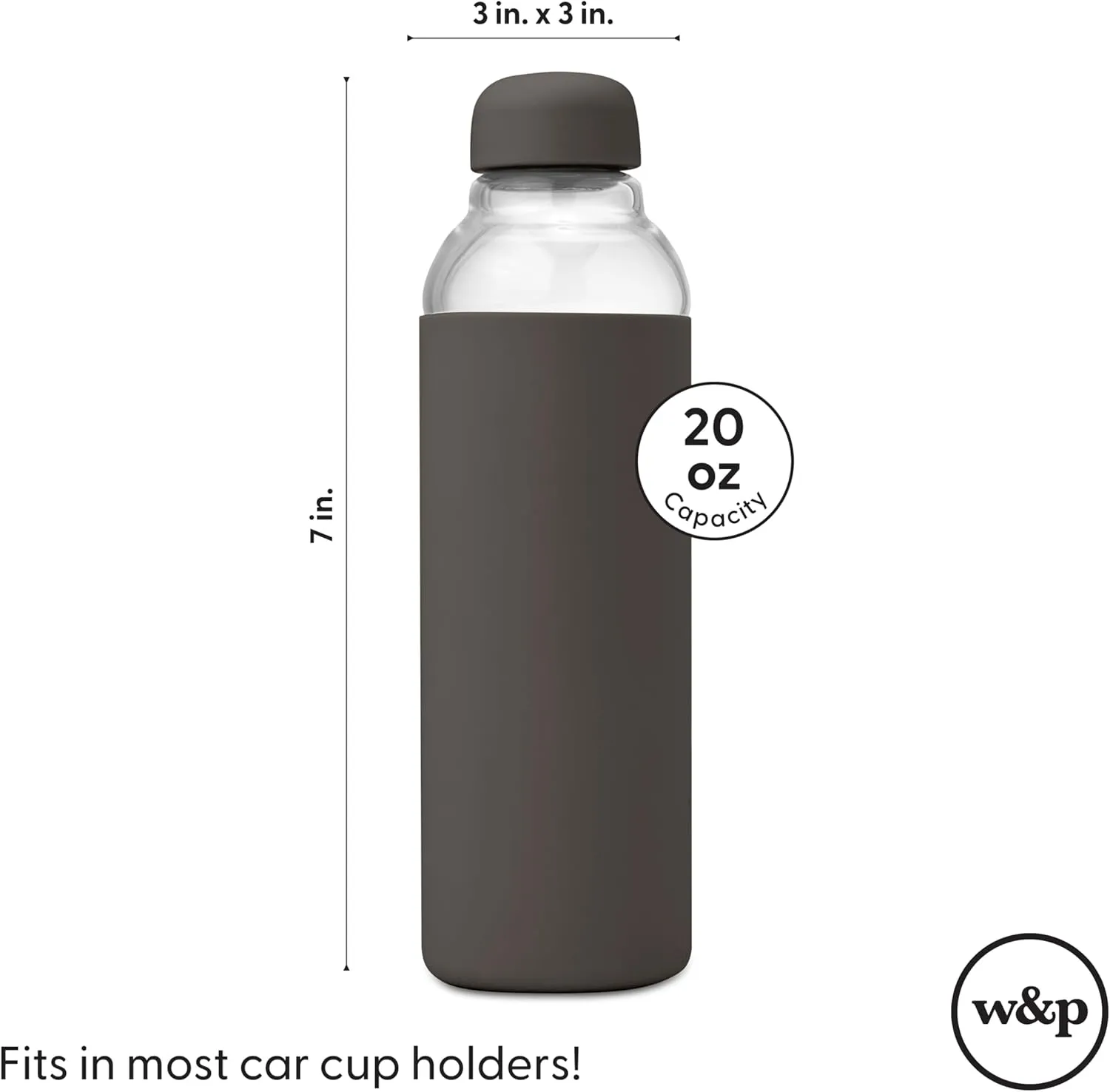 W&P Porter Glass Water Bottle w/ Protective Silicone Sleeve | Charcoal 20 Ounces | On-the-Go | Reusable Bottle for Coffee, Tea and Water | Portable | Dishwasher Safe