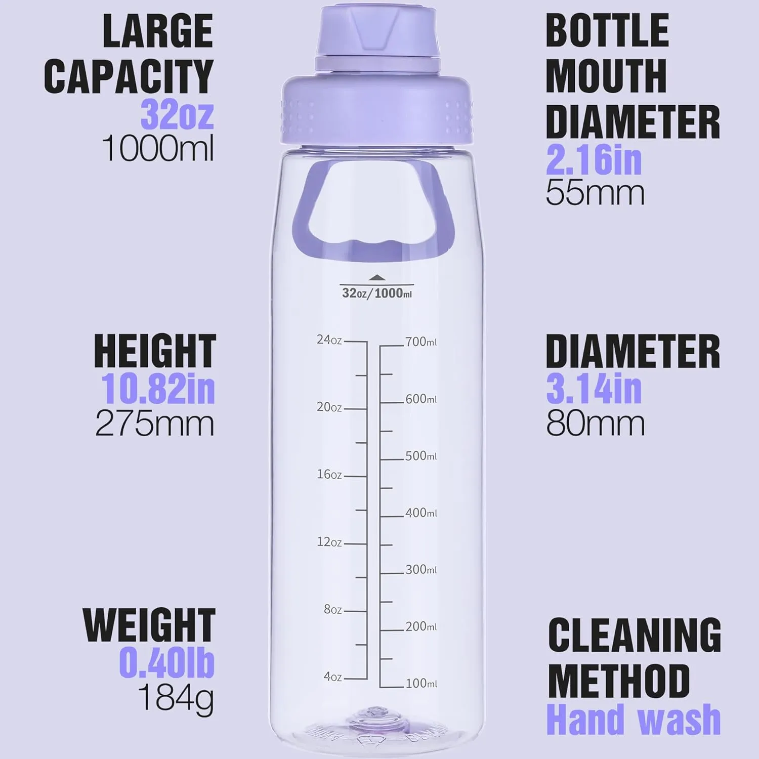 Water Bottle 32oz, clear water bottle with Chug Lid and Carry Handle, Reusable, Tritan, BPA Free, Hiking Water Bottle Suitable for Travel, Outdoors, Gym, Travel, Home, School (Light purple)