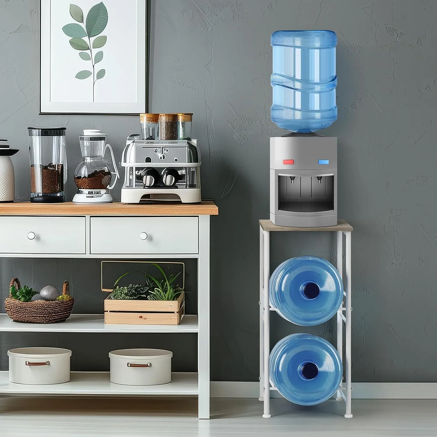 Water Bottle Holder Organizer 5 Gallon Water Jug Holder with Top Shelves 2 Tier Water Cooler Jug Storage Rack Heavy Duty Water Dispenser Stand for 5 Gallon Bottle Kitchen Office Living Room Grey
