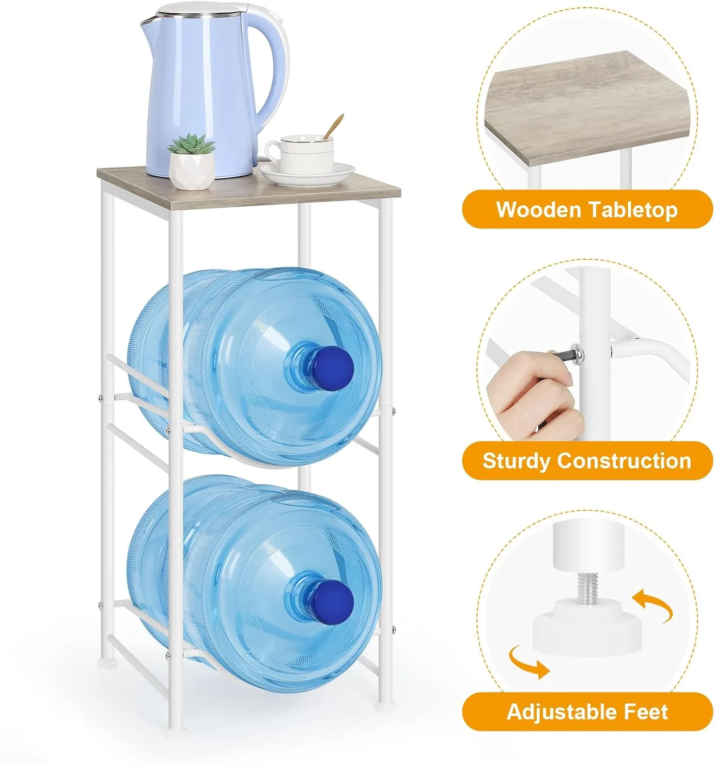 Water Bottle Holder Organizer 5 Gallon Water Jug Holder with Top Shelves 2 Tier Water Cooler Jug Storage Rack Heavy Duty Water Dispenser Stand for 5 Gallon Bottle Kitchen Office Living Room Grey
